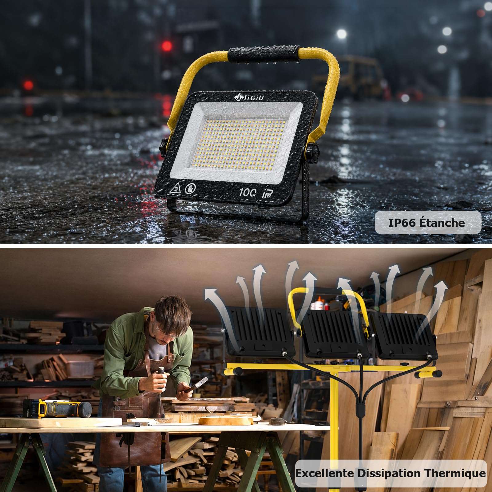 JiGiU Projecteur de Chantier LED 100W, avec 3 Températures de Couleur