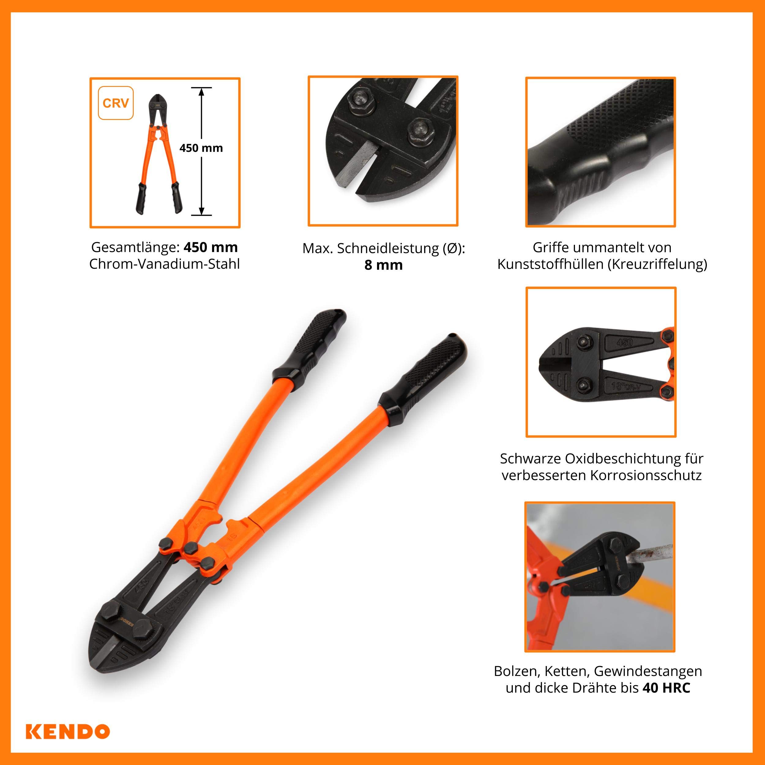 KENDO Bolzenschneider – Länge: 450 mm – Schneidleistung (Ø): Max. 8 mm – 40 HRC – Extra gehärtete Schnittkanten – Hochwertiger Chrom-Vanadium-Stahl