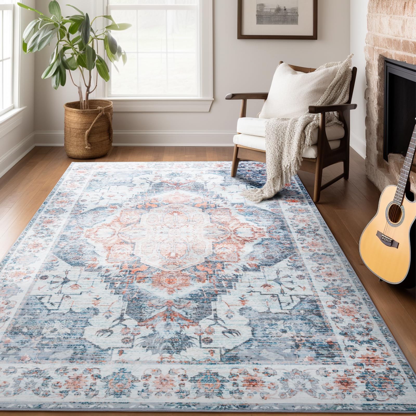 SIMILAR TO…..5x7 Washable Rug – Boho Non-Slip Indoor Area Rug for Living Room, Bedroom, Dining Room, Entryway –Muted Blue and Rust Distressed Pattern