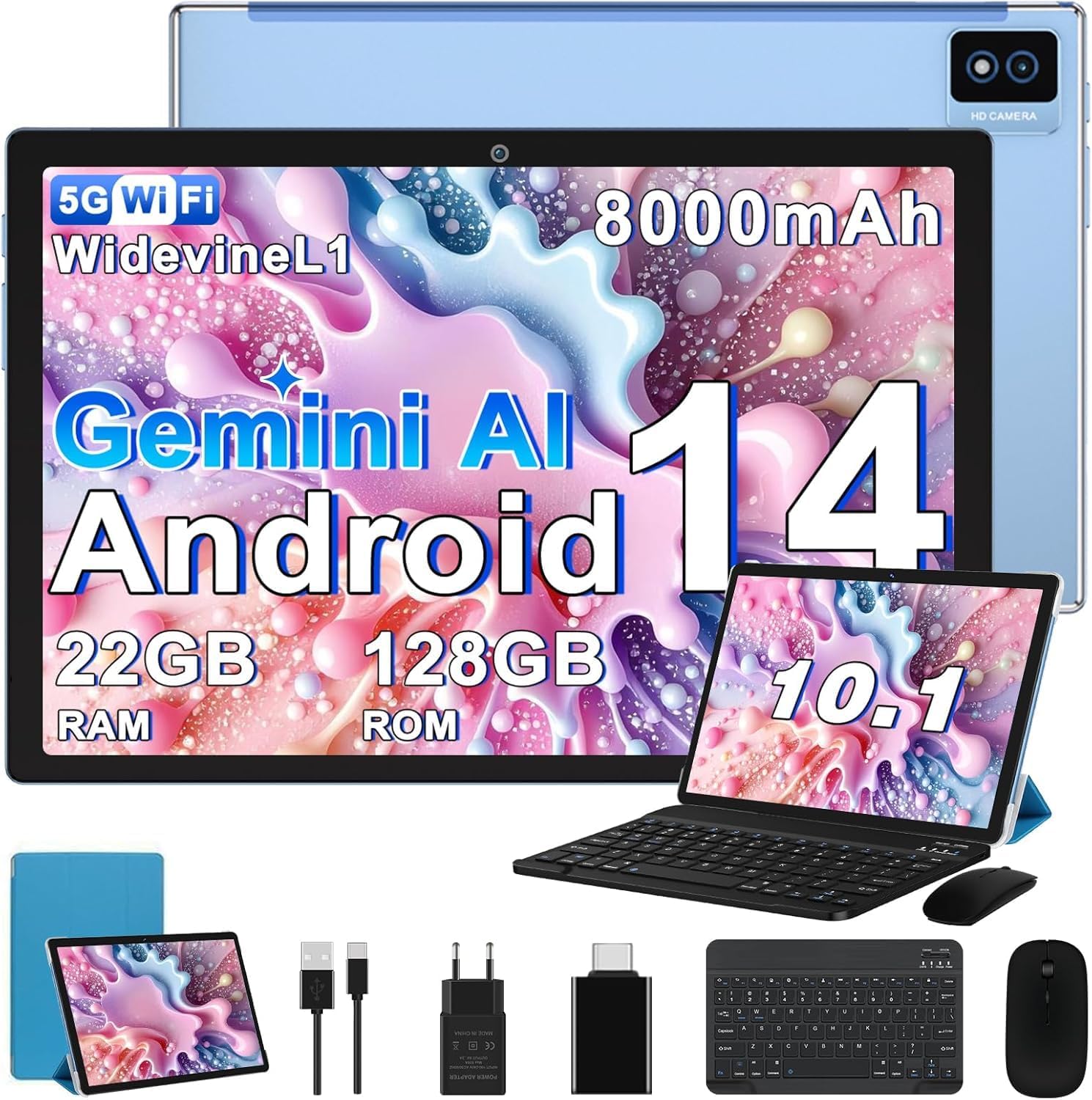 Biegedy Tablet 10 Pollici Tablets Android Octa-Core 2.0 GHz, 22GB RAM+128GB ROM (1TB TF) 5G/2.4G WiFi 6, Widevine L1/GMS/Involucro in metallo/BT5.0/8000mAh/5+8MP, Tablet con Tastiera e Mouse - Blu