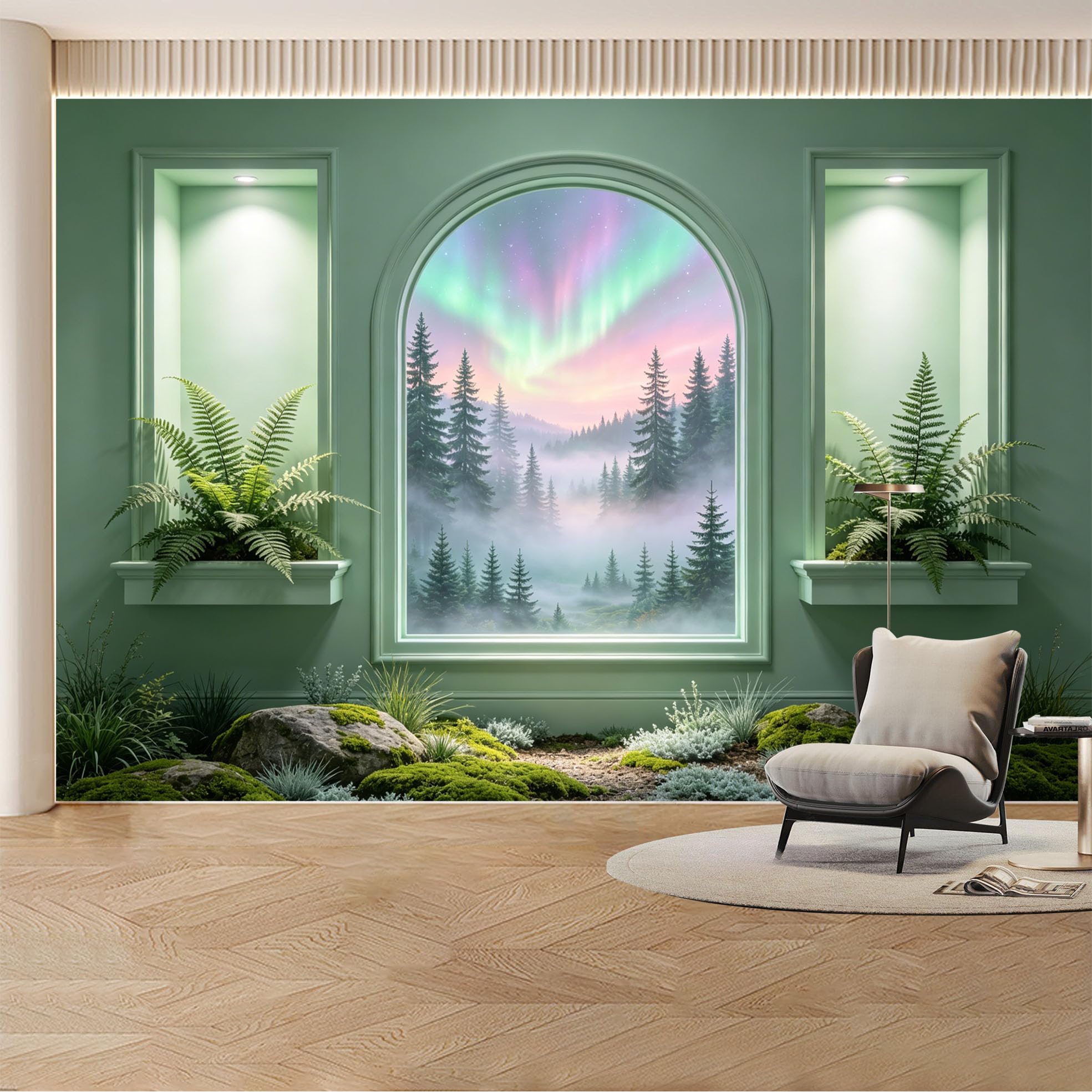 Custom Wall Mural Wallpaper Aurora Forest Landscape Nature Large Wall Art Mural Design Misty Nordic Sunset Removable SelfAdhesive Large Photo for Living Room， Bedroom， Office