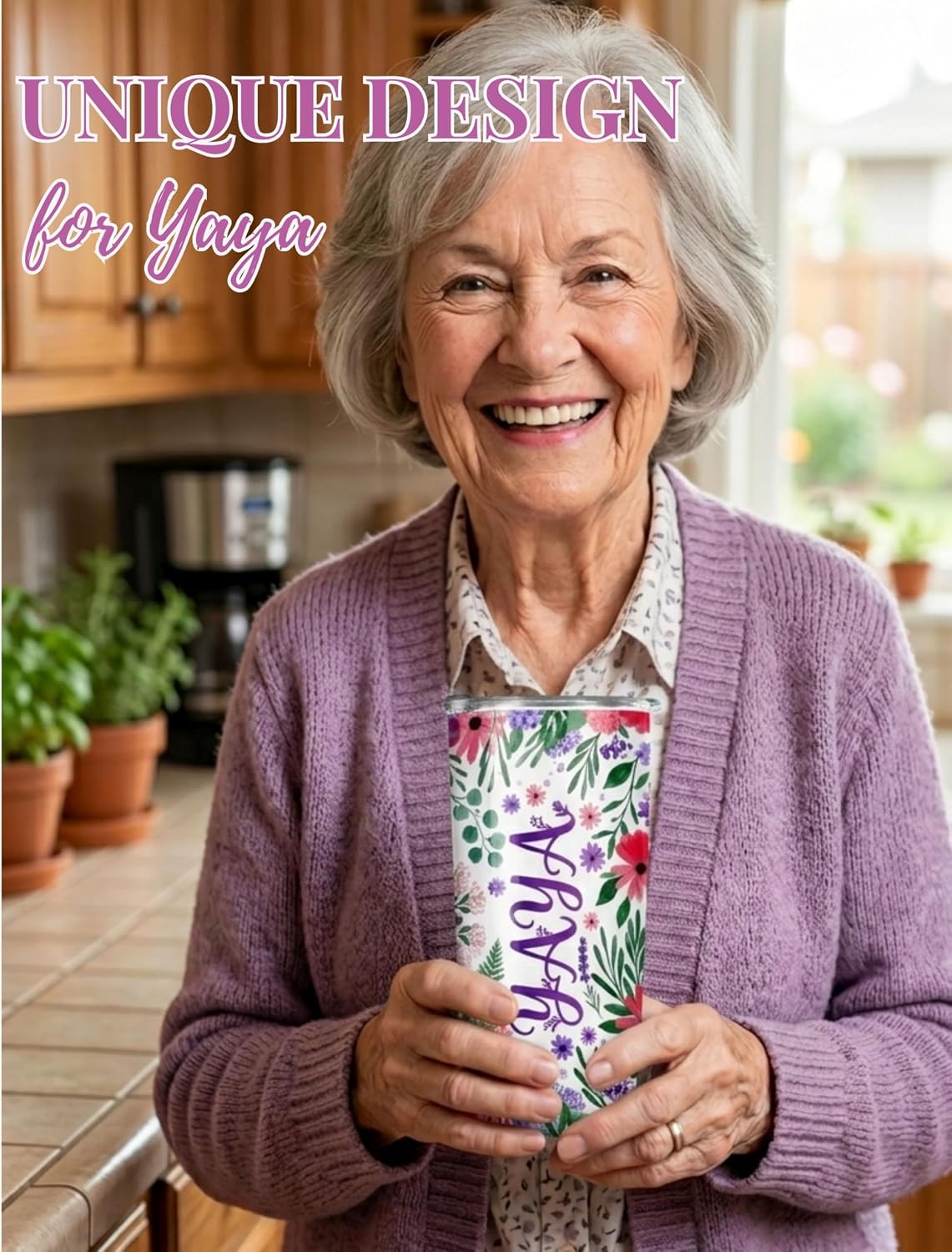 Onebttl Yaya Gifts for Grandma, Insulated Stainless Steel Tumbler with Lid, 20 oz, Flower Pattern