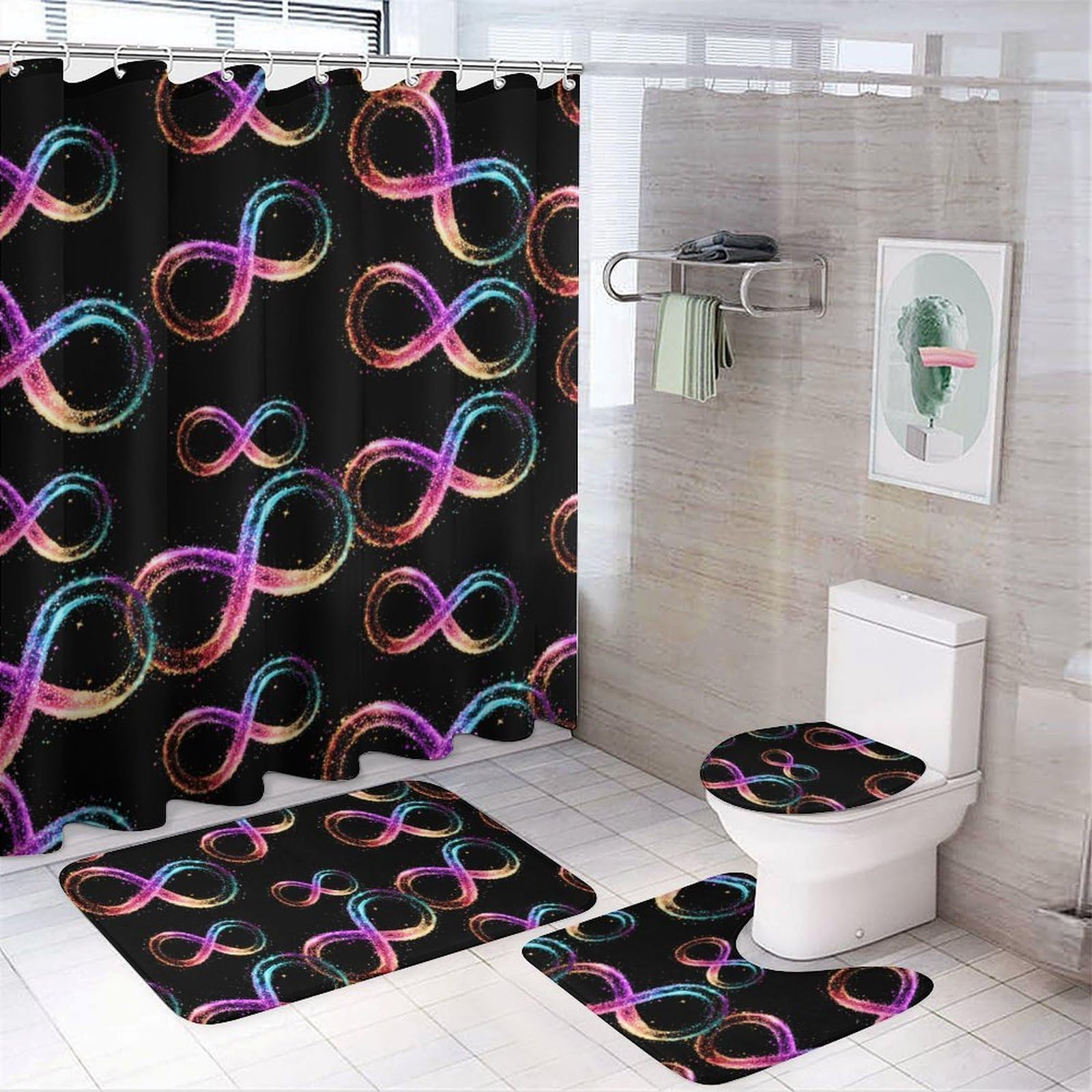 CGSBNGHA Infinity Symbol Autism Awareness Glitter Shower Curtain Set 4 Piece Bathroom Sets with Rugs Toilet Lid Cover And U-Shaped Floor Mat