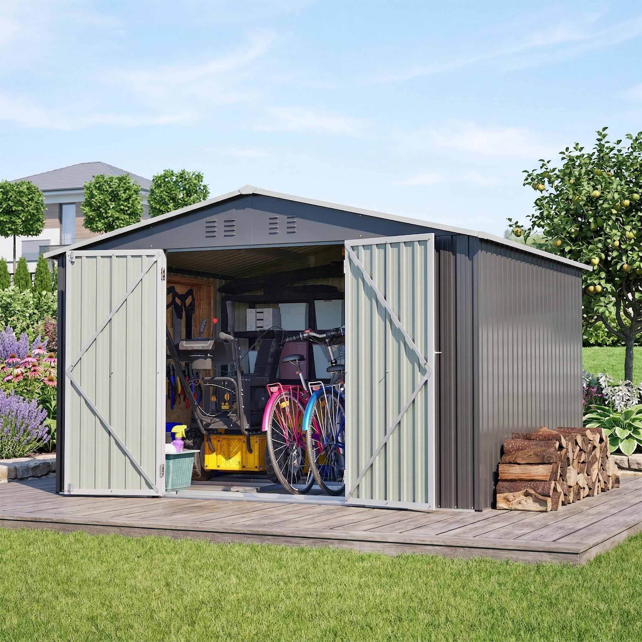 Caseta de Jardín Metálica 300x252x191cm Tejado a Dos Aguas con Marco de Cimentación - Cobertizo Exterior Resistente a la Intemperie para Herramientas Bicicletas Muebles - Antracita 6.91m² — view 9