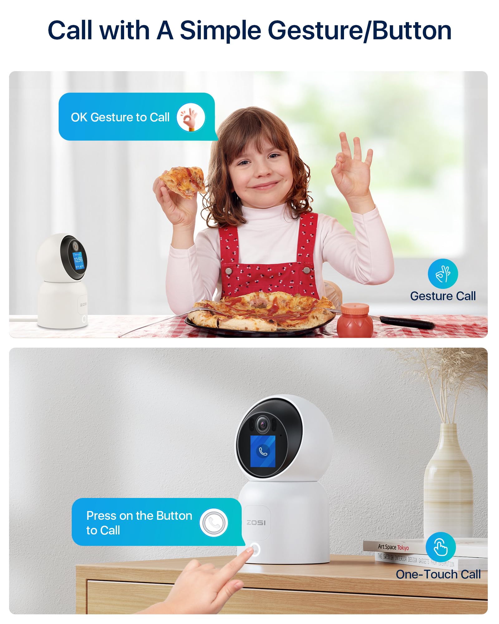ZOSI 4K 8MP Cámara Vigilancia Seguridad WiFi Interior Enchufable para Bebé/Mascota con Pantalla de 1,44”, 2,4G/5G WiFi, Pan 360° Tilt 90° y Seguimiento de Persona, Videollamada con un Clic o Gesto Ok