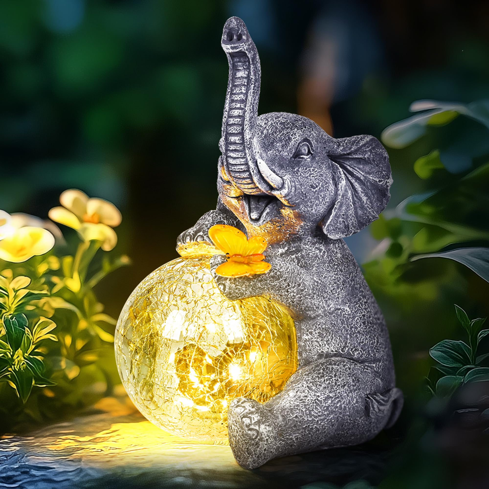 Solar Garden Outdoor Statues for Women, Mom, Grandma. Glass Globe Elephant Figurine Housewarming and Birthday Gifts Elephant Statue Decor for Backyard, Patio, Balcony, Lawn, Pond