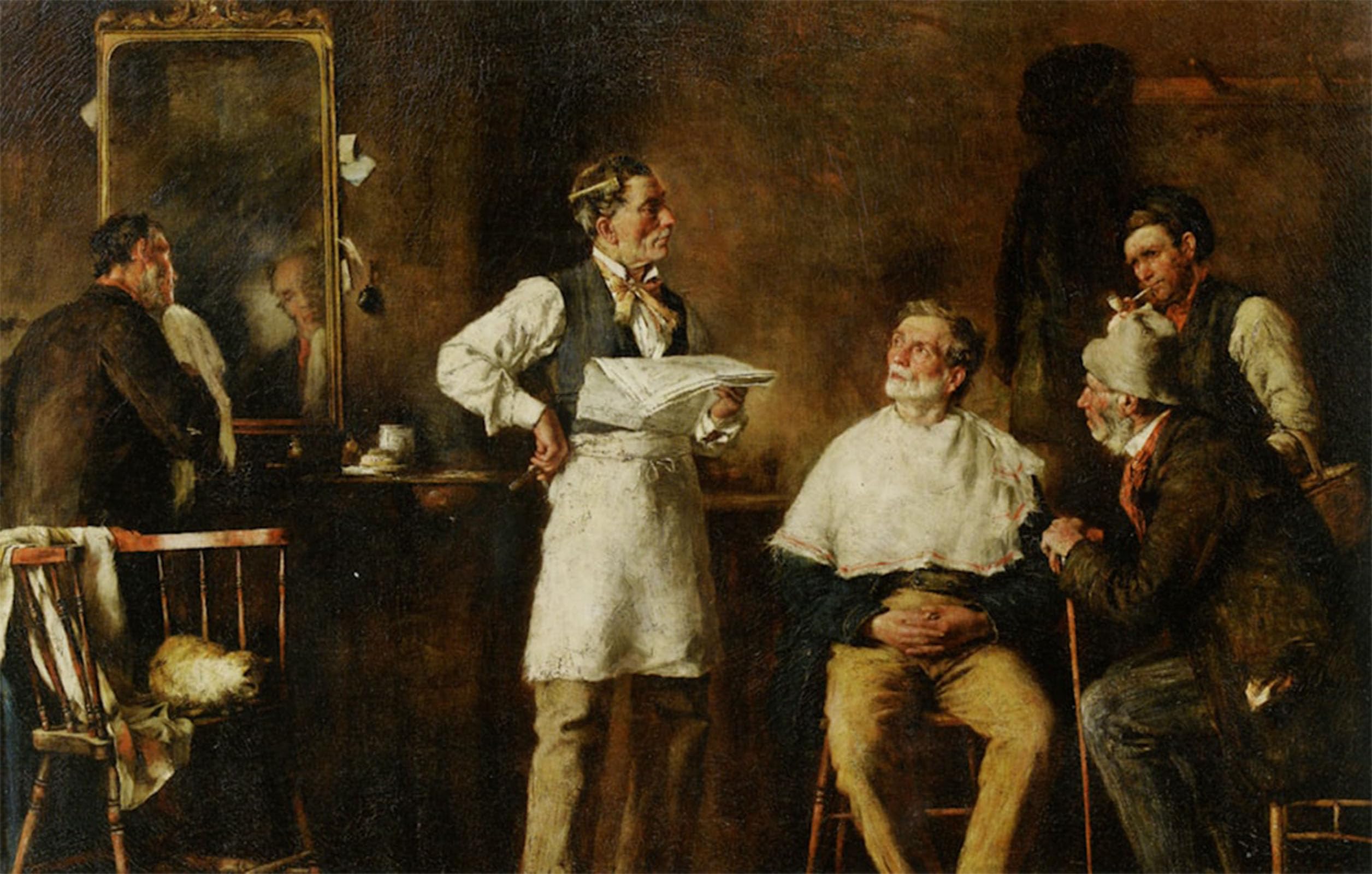 POSTERIIk Vintage Classic Picture Landscape Artwork the Barbers Shop by George Elgar Hicks Portrait Canvas Painting for Office Home Decor 60x90cm