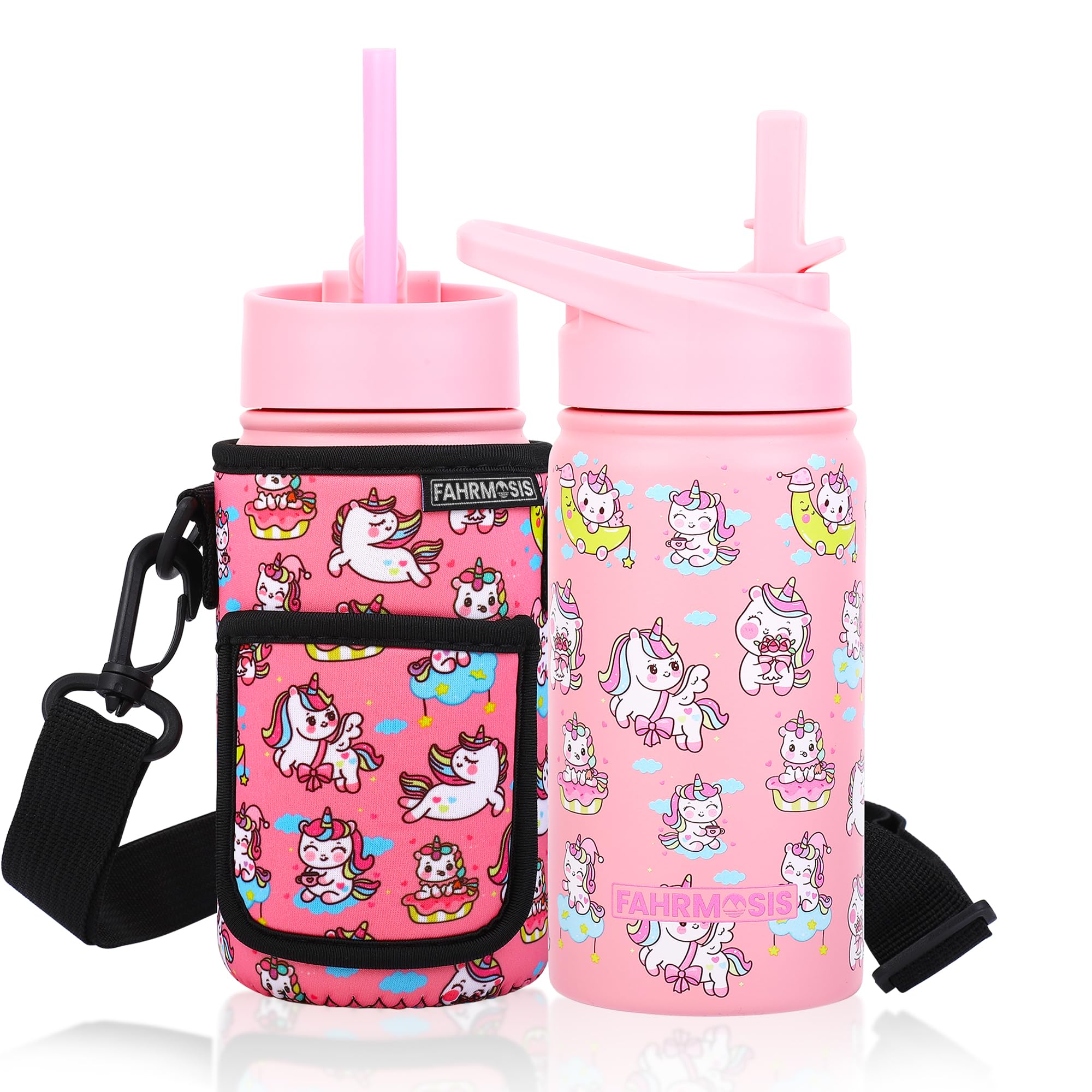 14 OZ Kids Water Bottle with Carrier Bag & Strap Leak Proof Metal Insulated Stainless Steel Tumbler with 2 Lids (Flip & Spout) for School & Sports Water Bottle with Straw - Pink (Unicorn)