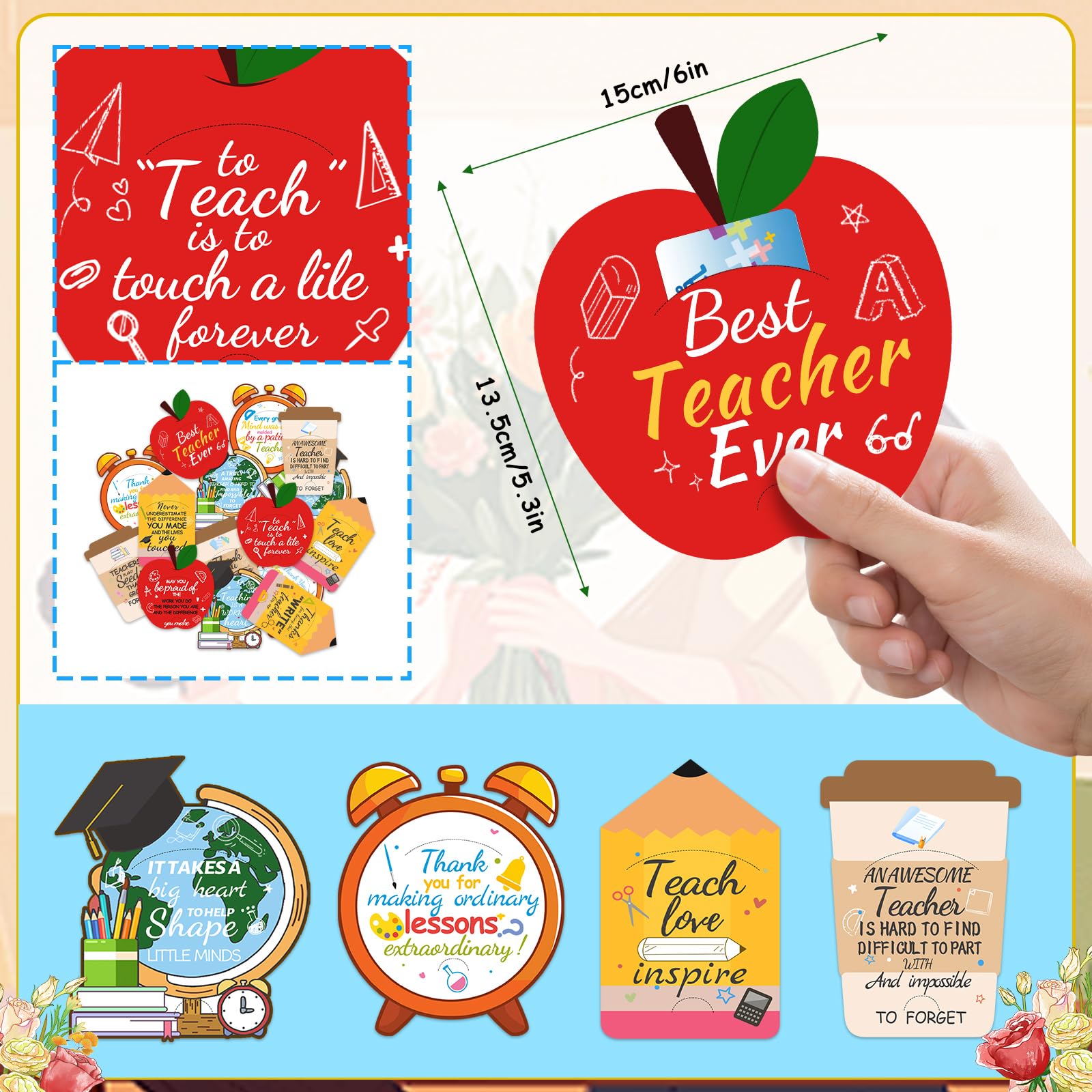 45Pcs 15 Styles Teacher Appreciation Gift Card Holders Bulk with 100 Styles Teacher Stickers–End of School Year Gifts Thank You Cards for Teachers Back to School or Teacher Appreciation Week Supplies