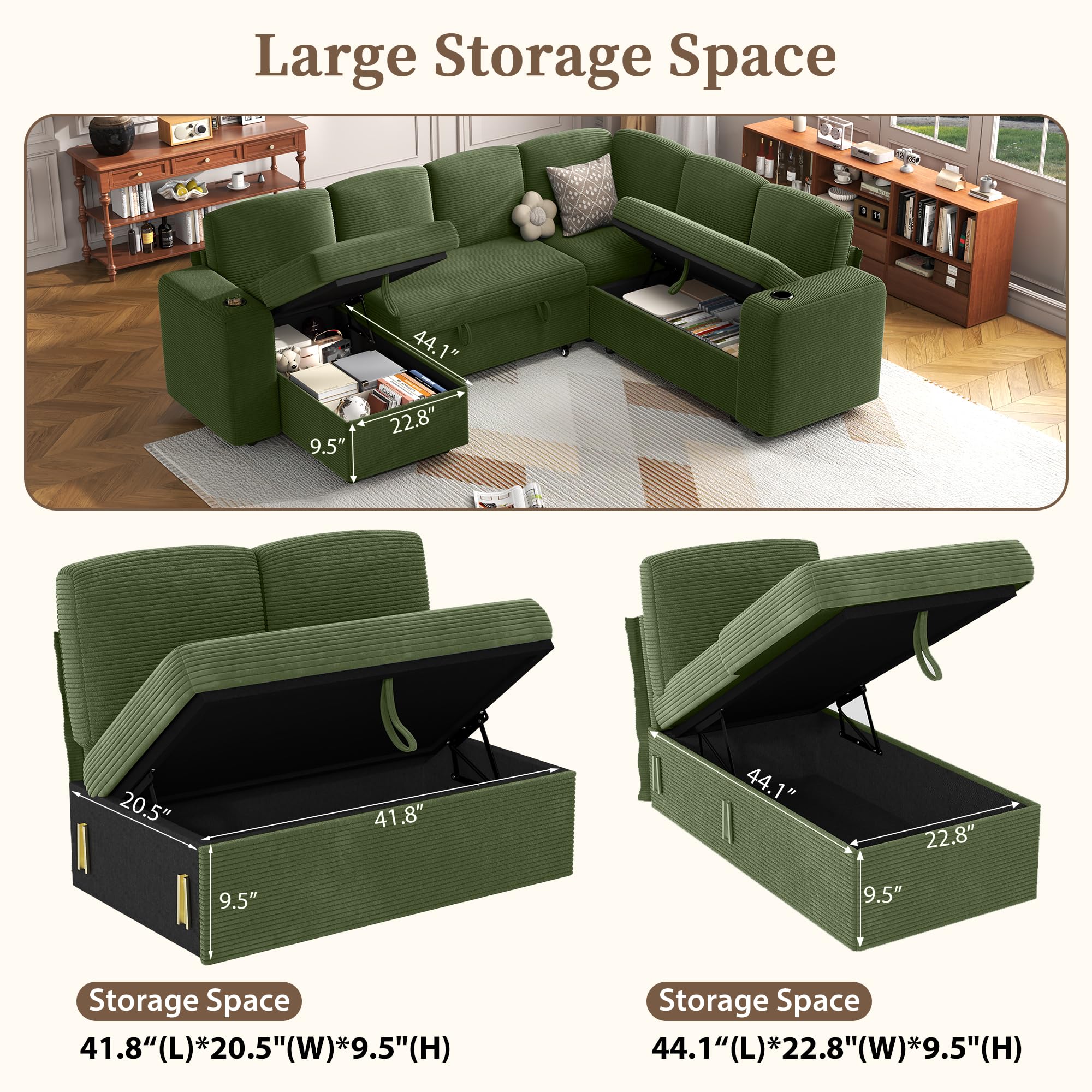 Sofá cama de 7 plazas en forma de U con cama nido, sofá modular en la nube con chaise longue de almacenamiento, puerto USB, respaldo ajustable, pana verde