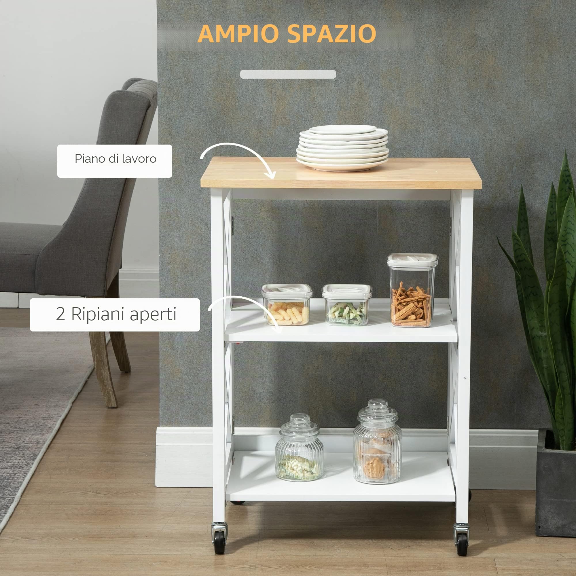 HOMCOM Carrello da cucina pieghevole Carrello da cucina con ruote Carrello portaverdure con 2 ripiani per sala da pranzo Carico 40 kg 60x40x84 cm Bianco
