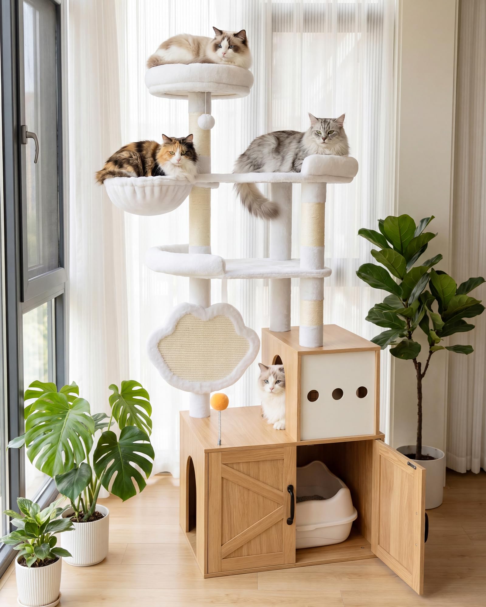 Heybly Kratzbaum mit Katzentoilette Versteck, 162 cm Katzenbaum für Wohnungskatzen, moderner Katzenkratzbaum aus Holz mit Katzenhaus, Liegeflächen, Kratzbrett, Spielzeug, Eiche Weiß HCT105BT