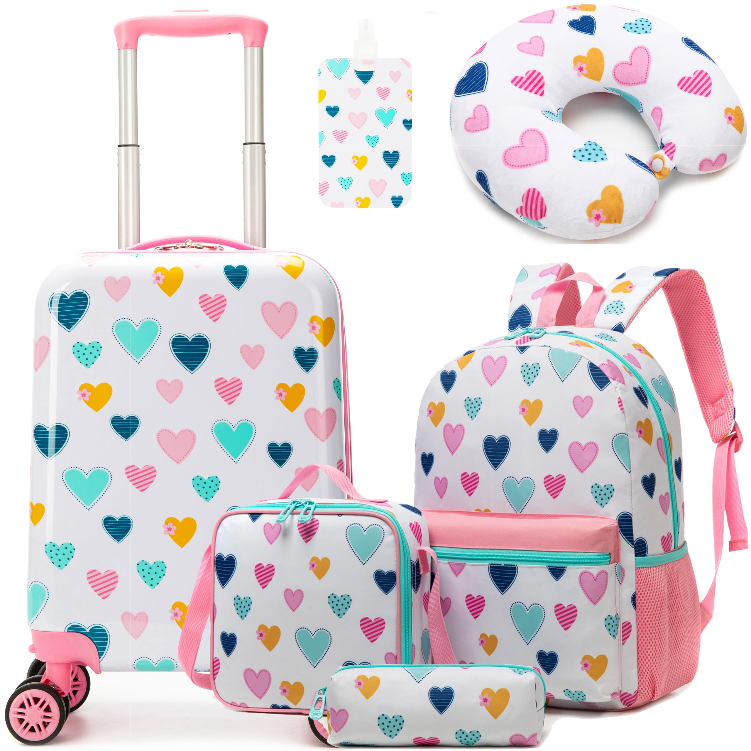 HTgroce 5pcs Valigia per Bambina con Maniglia Retrattile Zaino Bagaglio a Mano, con ruote girevoli a 360 °