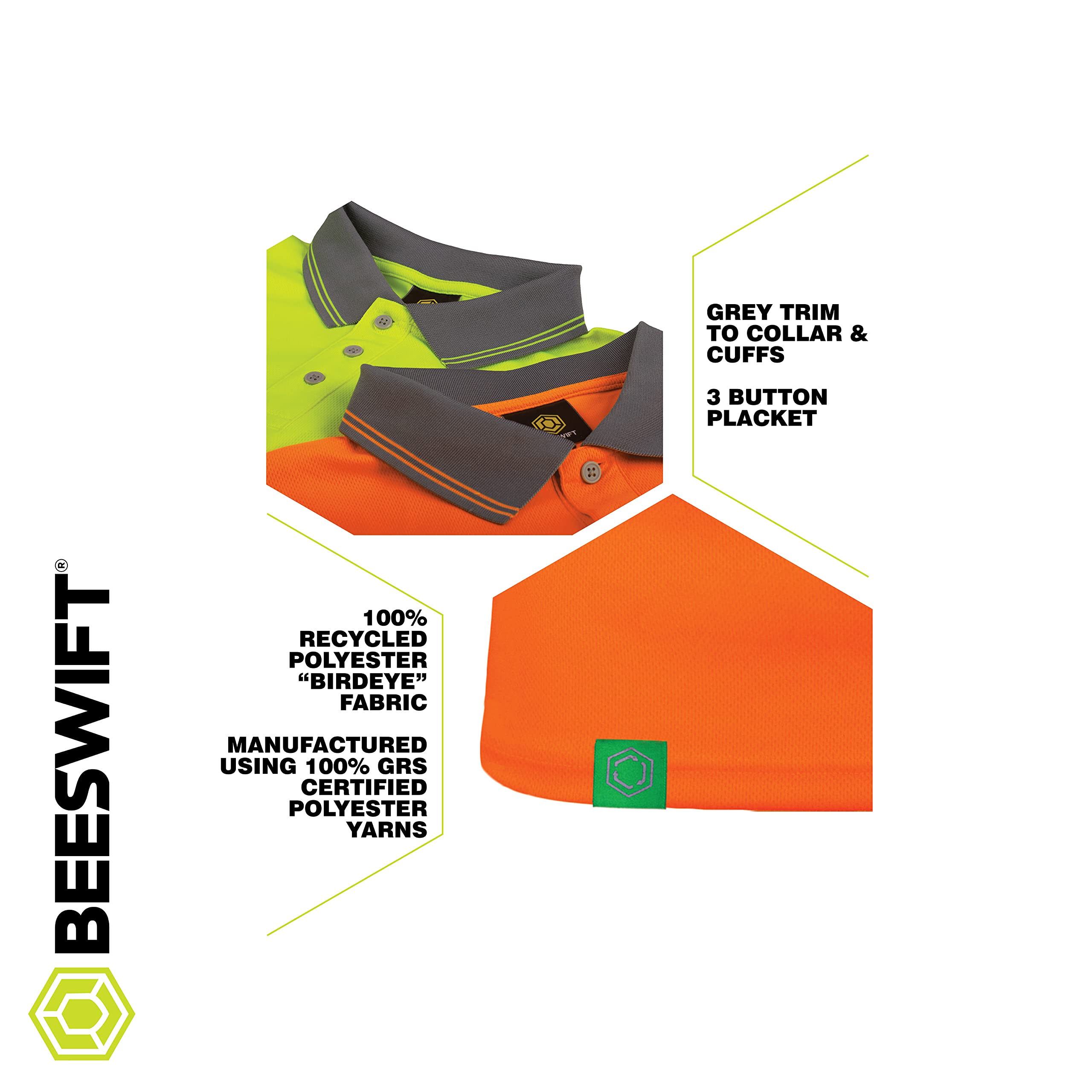 Beeswift Envirowear Hi-Vis Short Sleeve Polo Unisex Reflective Sustainable Safety PPE Workwear - Orange/Saturn Yellow - Sizes S-5XL