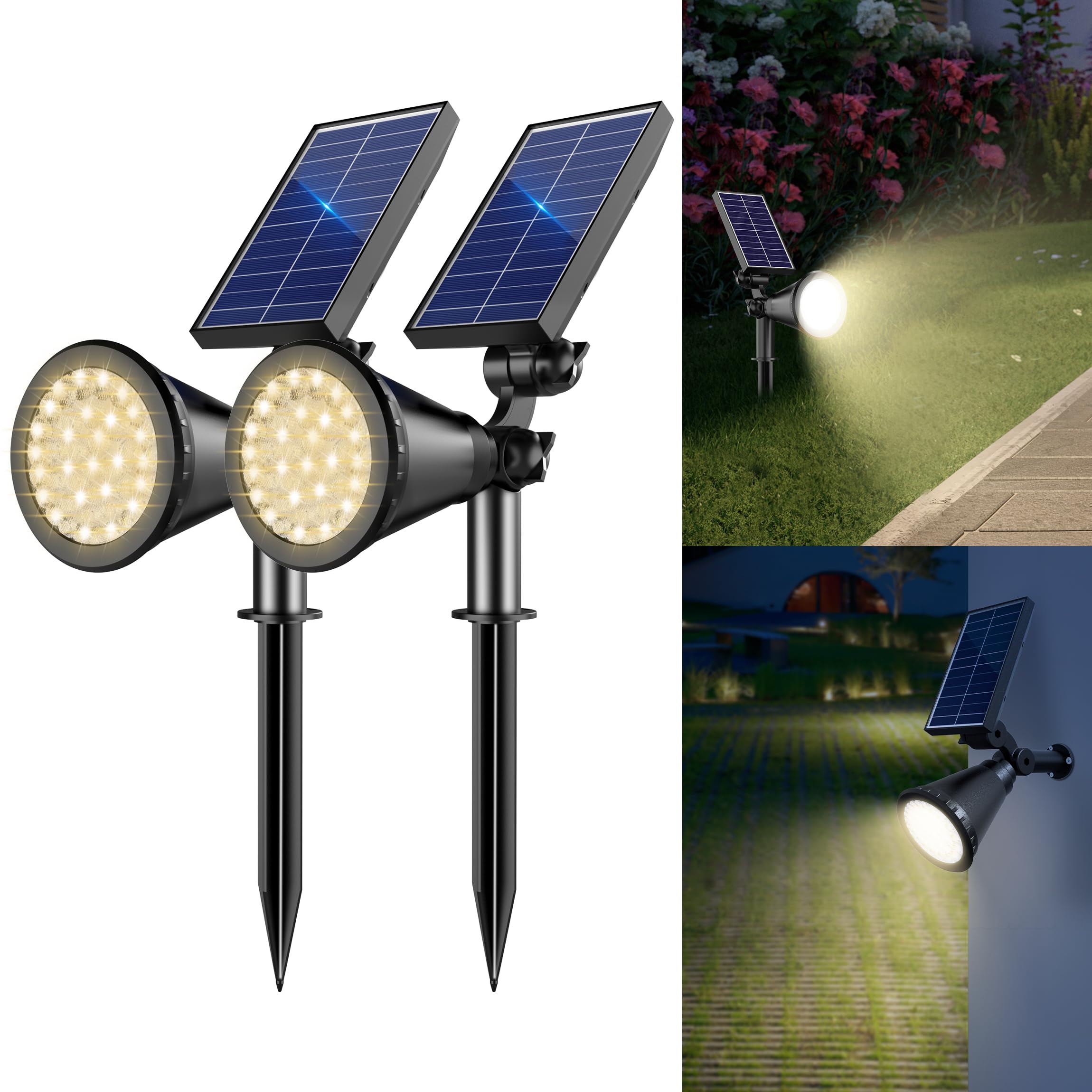 Faretti solari per esterni, 36 LED per illuminazione paesaggistica solare con 2200 mAh, luci per esterni auto on/off, 2 in 1, da parete o da terra, ad energia solare, per cortile e giardino