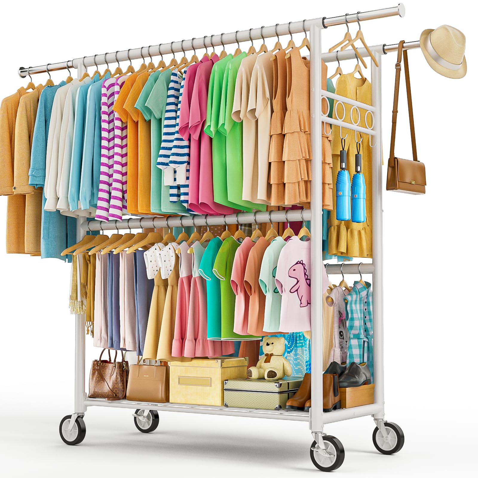 heavy duty clothes rack load 1060lbs, four rods rolling clothing racks for hanging clothes, rolling garment rack with sturdy wheels shelves hooks, portable & adjustable commercial garment rack, white