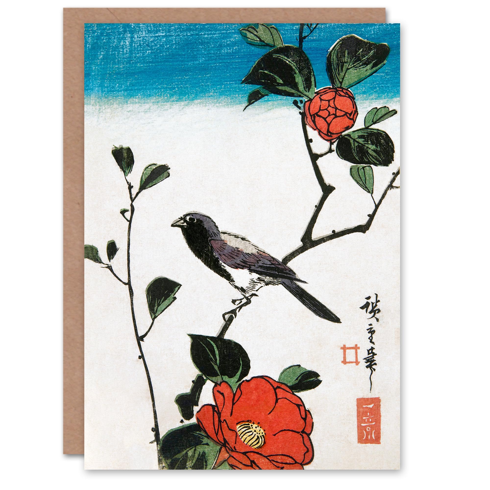 Utagawa Hiroshige Art Card Japanese Bird On Camellia Branch