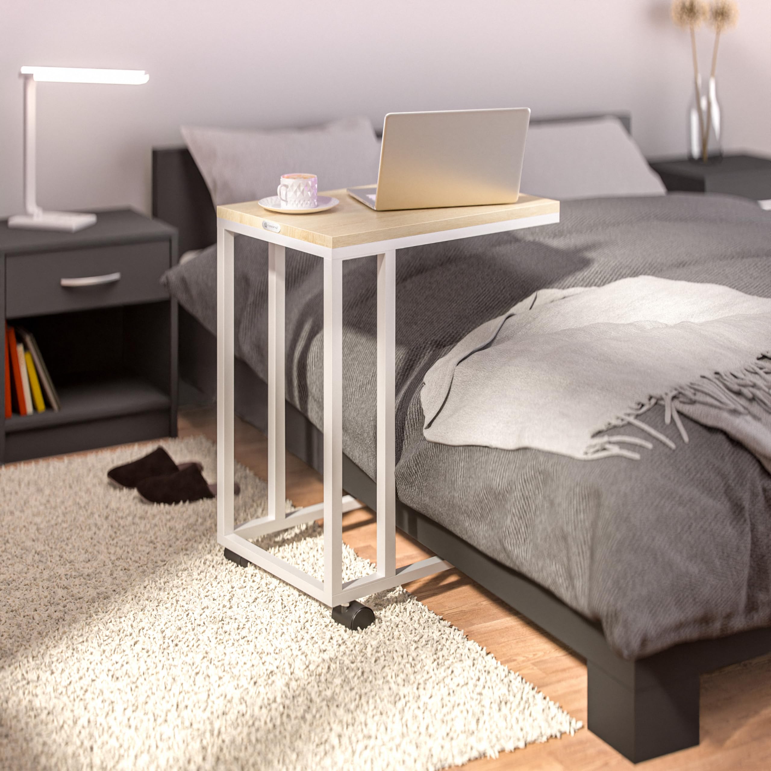 CASARIA® Mesa Auxiliar Forma C Mesita Lateral 4 Ruedas Carga 40 kg Blanco