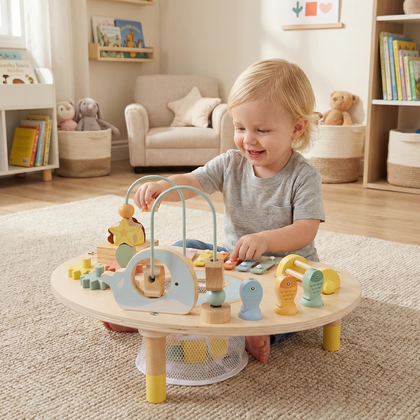 FANTASK Mesa de Actividades de Madera, Mesa de Motor Montessori para niños a Partir de 1 año, Juguete Educativo con bucles Motores, Juego de Pesca, xilófono, Caja de música y clasificador de Formas