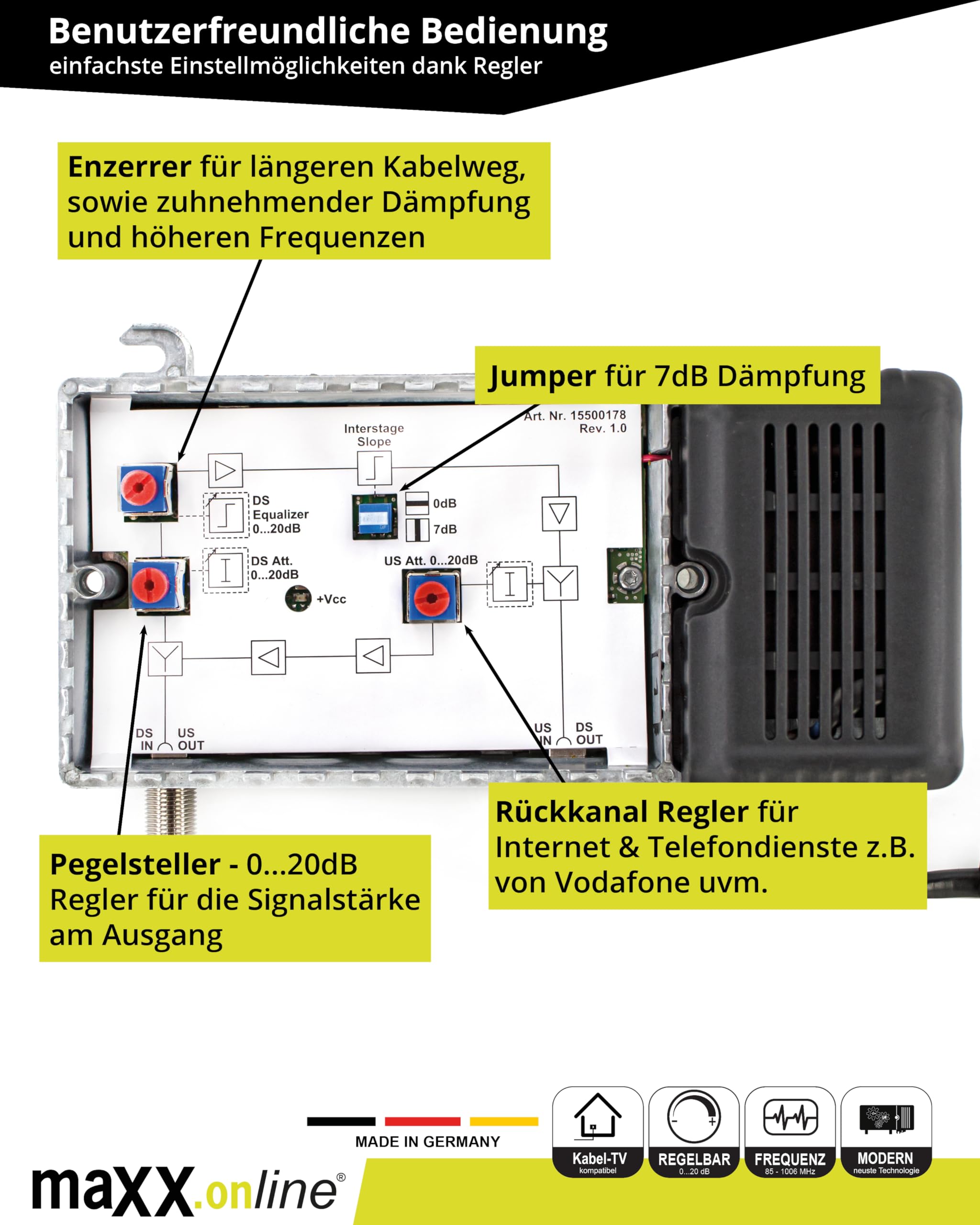 Wzmacniacz antenowy do telewizji kablowej, wzmocnienie 33 dB, w zestawie tester sygnału telewizji kablowej, miernik DVB-C/DVB-T, wzmacniacz do przyłączy domowych DVB-C, wzmacniacz domowy,