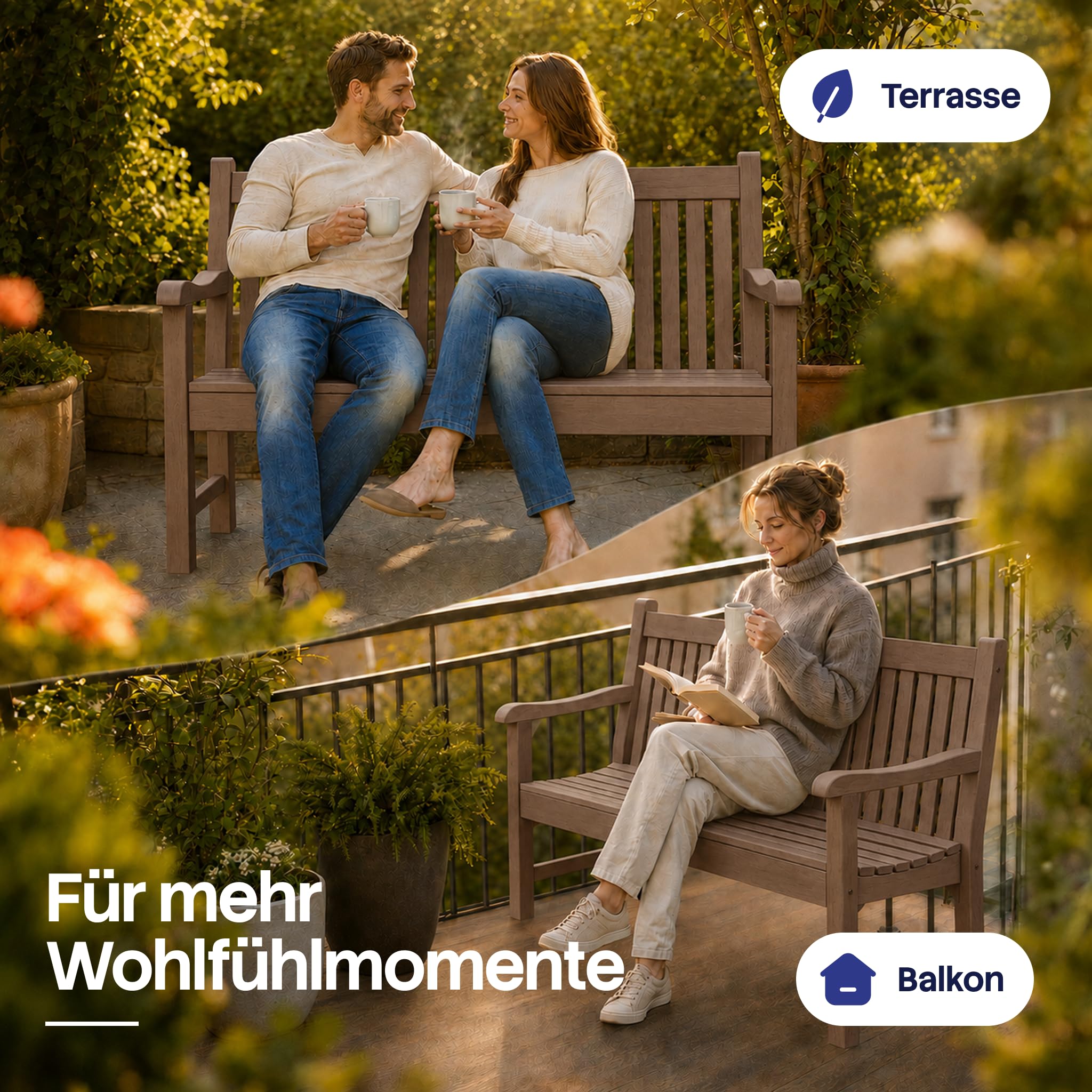 Gartenbank Wetterfest Braun – Outdoor Bank 2 Sitzer mit Rückenlehne | VAVO wetterfeste Gartenbank aus Kunststoff in Holzoptik – Outdoor Bank 2 Sitzer mit Rückenlehne (Braun)