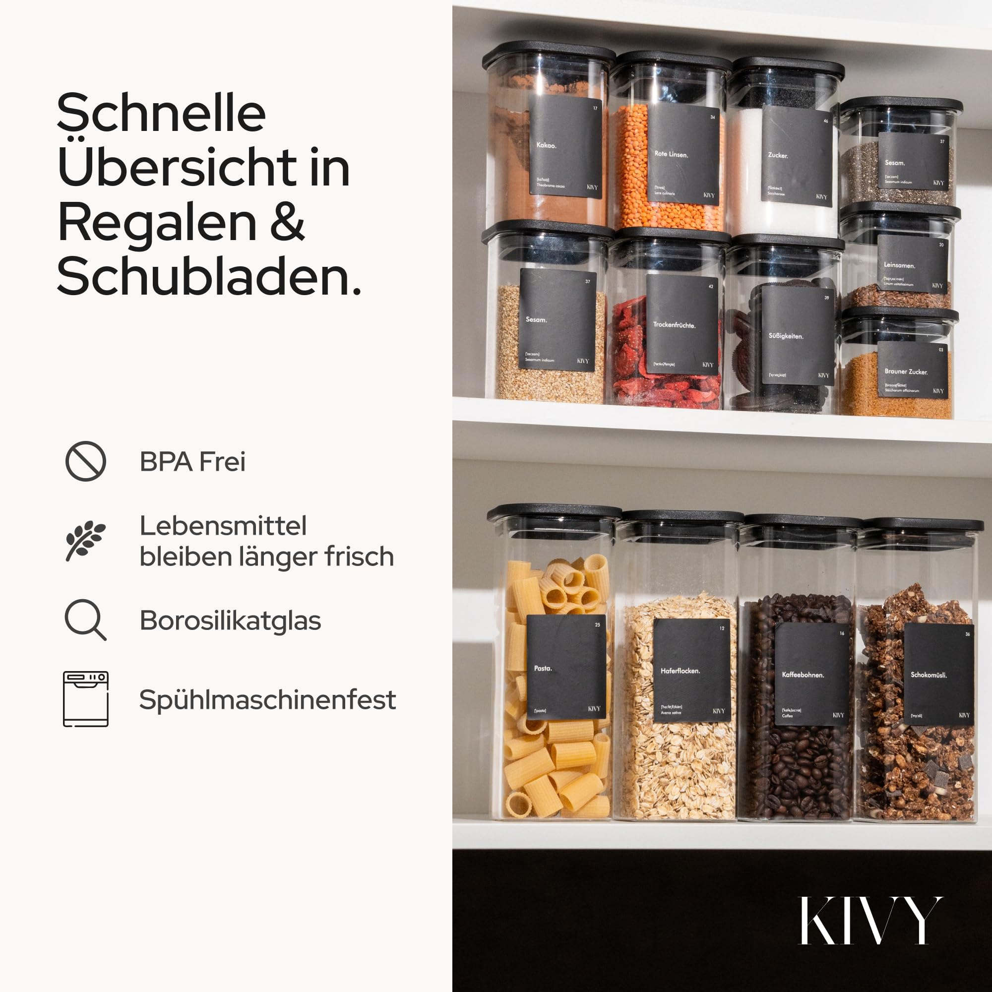 KIVY Set Da 12 Barattoli In Vetro Rettangolari Impilabili Con Coperchi Ermetici E Guarnizioni In Silicone + Etichette - 4