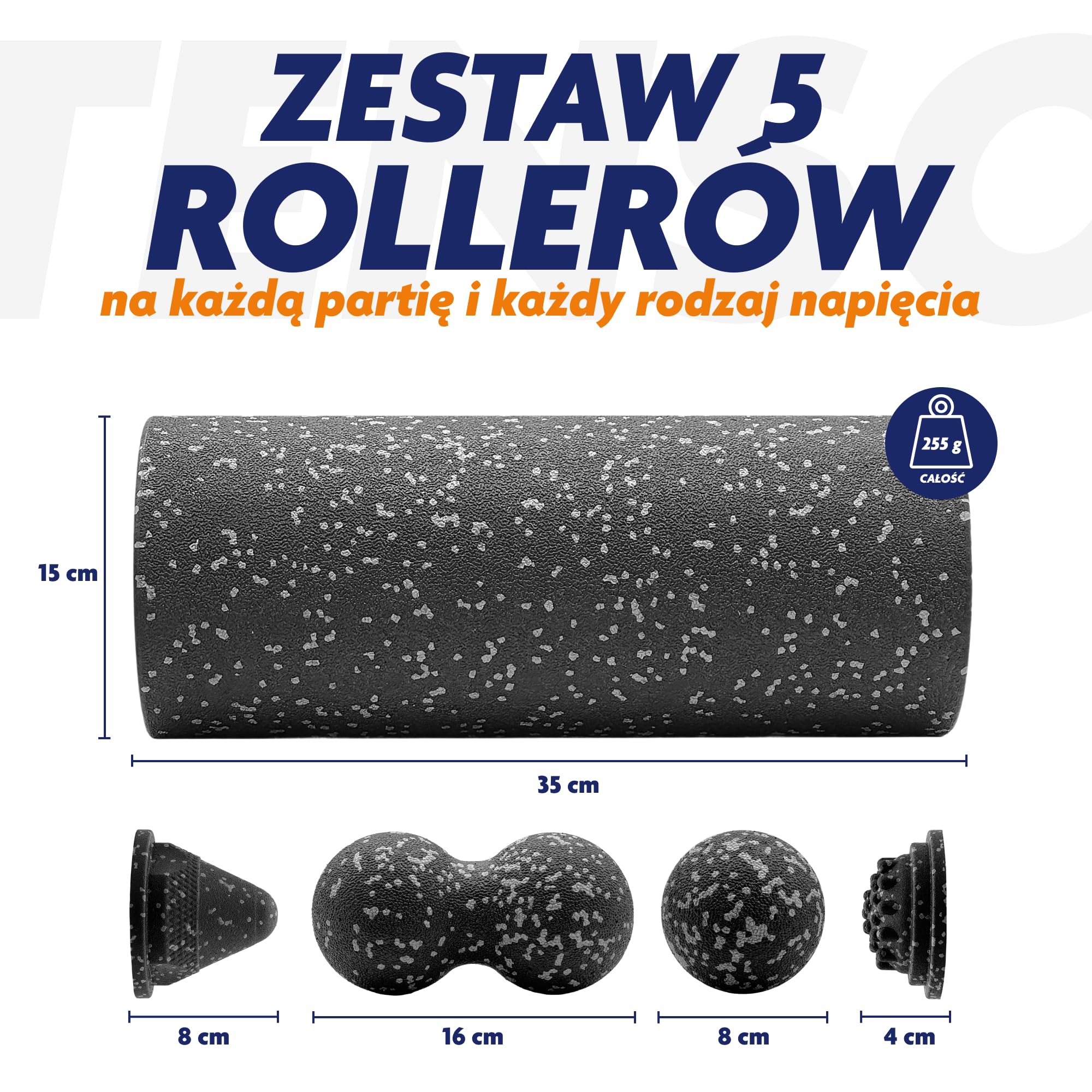 Majesatic Sport Tenso Oculto, 5-częściowy zestaw rolek do masażu powięzi, wałek do masażu powięzi 35 x 15 cm, podwójna piłka, lacrosse, urządzenie do masażu punktów spustowych, przycisk spustowy