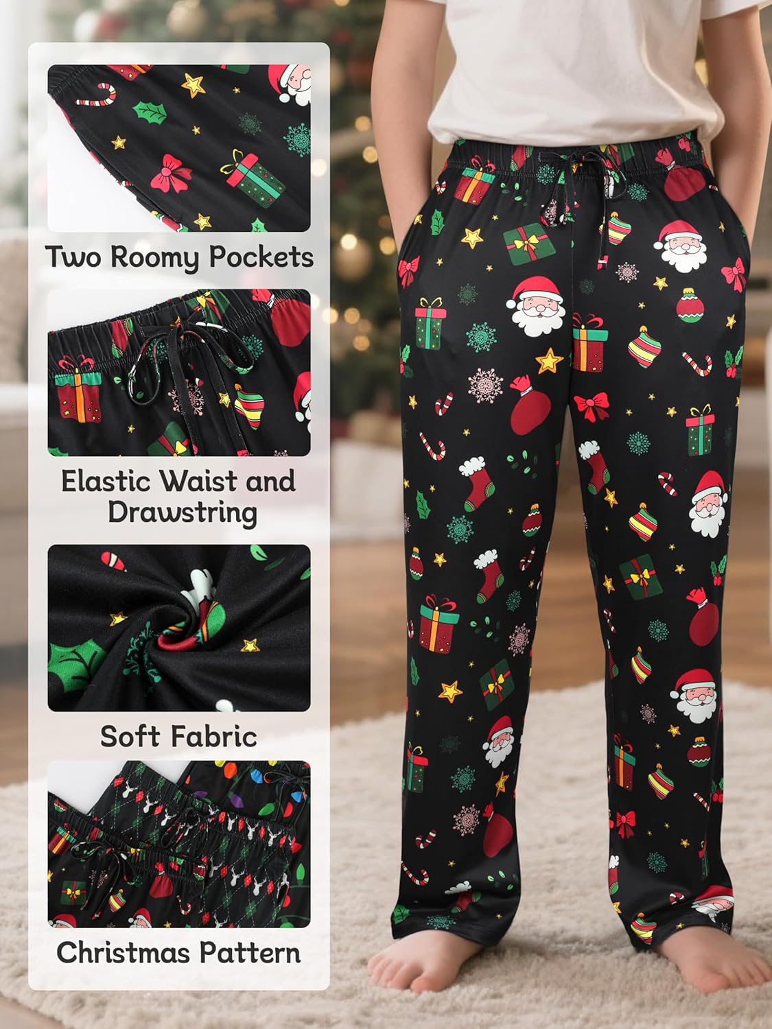 ihu boys pajama pants soft kids plaid pj bottom lounge pants sleepwear with drawsting & pockets for boys girls clothes 12-14 years christmas holly, festive plaid, light 3