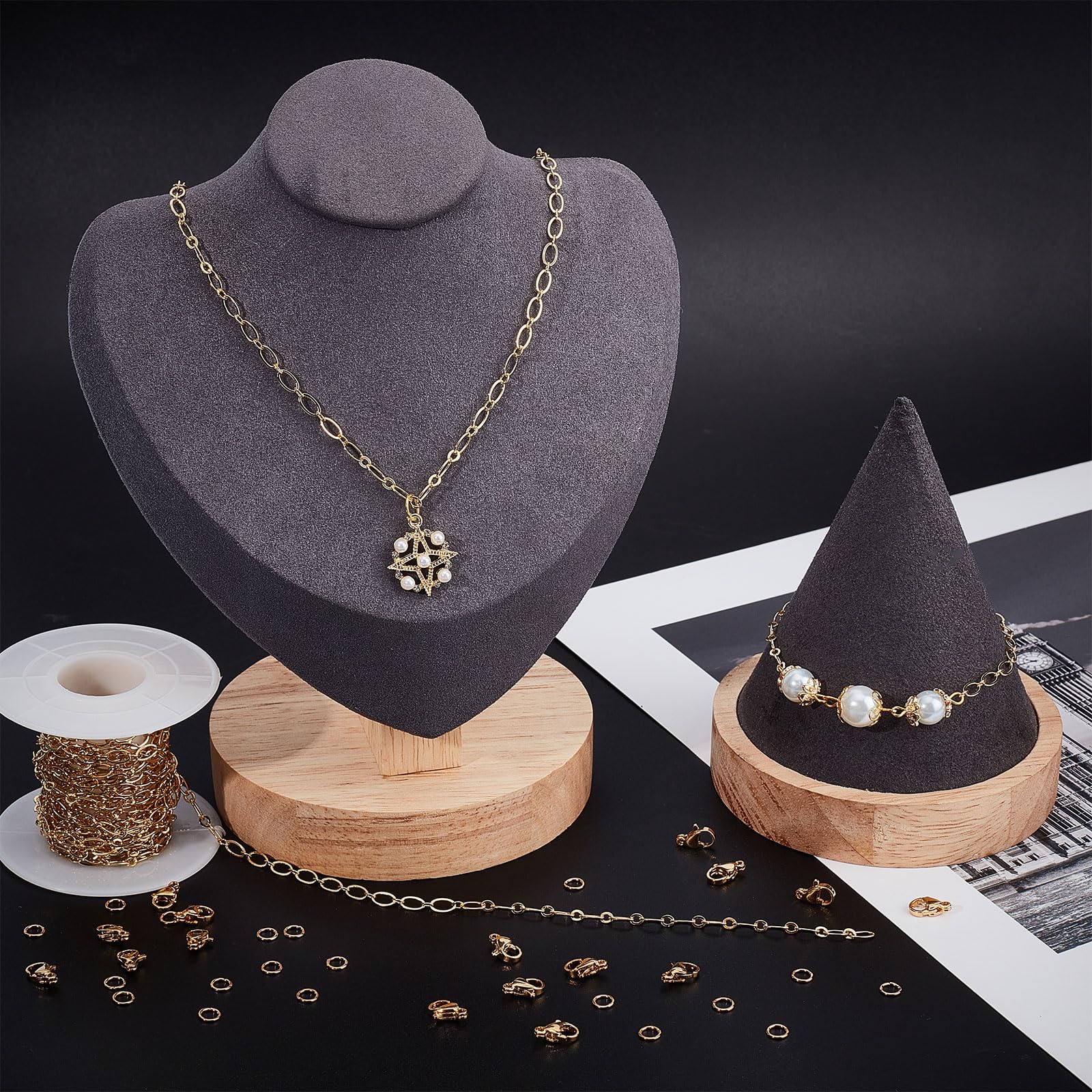 Beebeecraft Catene A Maglie Ovali da 5 m Catene A Graffette Placcate in Oro 18K per La Creazione di Gioielli con 20 Chiusure A Moschettone e 50 Anelli di Salto per Collane Bracciale Forniture