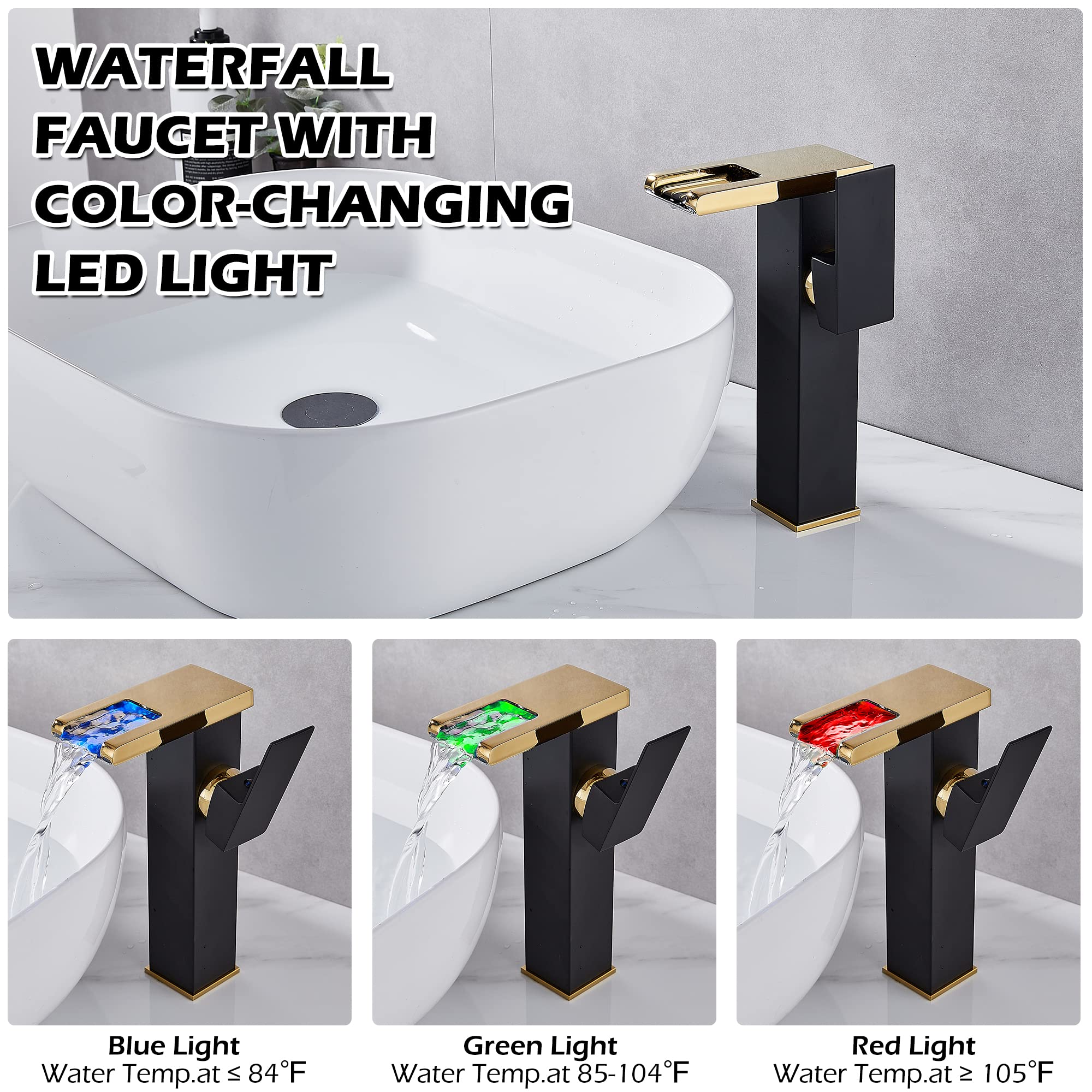 Rubinetto per lavabo a Cascata Oro Nero lavabo monoforo con Scarico a Scomparsa Senza troppopieno e Tubi di Alimentazione rubinetti per Bagno lavabo monocomando Rubinetto Vasca-