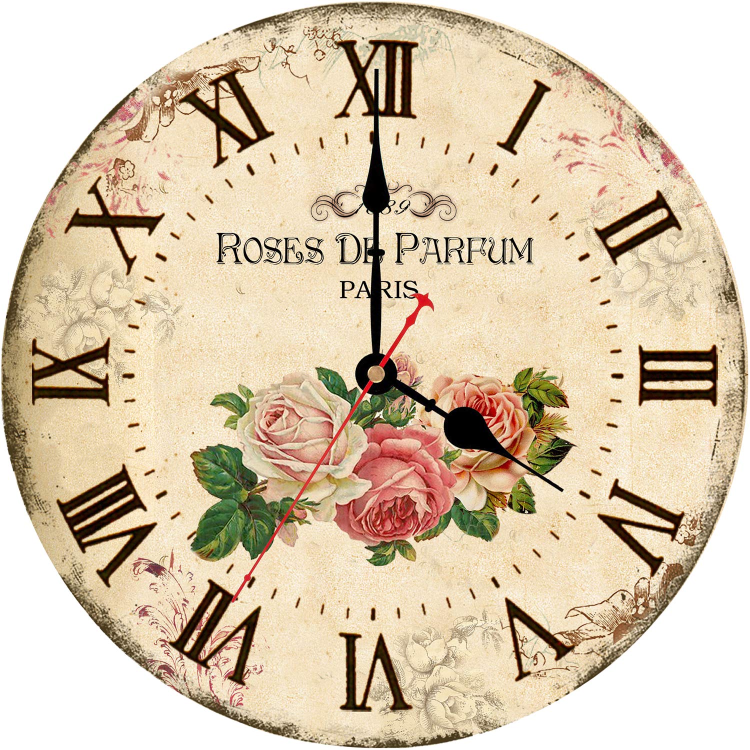 WISKALON 14 Inch Retro Wall Clock,Rose Paris Style Wall Clock,Silent Non-Ticking Battery Operated Round Vintage Wood Wall Clock,Roman Numerals Wall Clock,Decorative Hanging Wall Clock