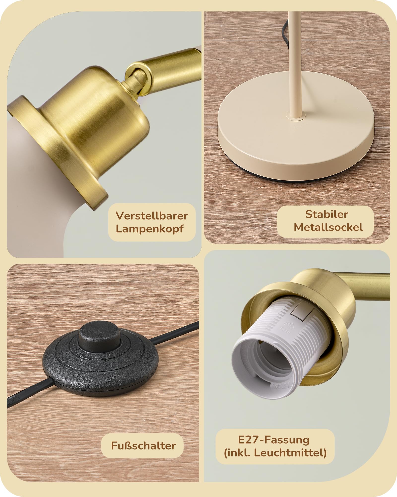 EDISHINE Stehlampe Industriell, Verstellbarer Kopf, Inkl. LED, Cremeweiß | mit Metall-Lampenschirm, E27-Fassung, 2700 K Warmweiß, Leselampe für Wohnzimmer, Schlafzimmer & Büro, 155 cm