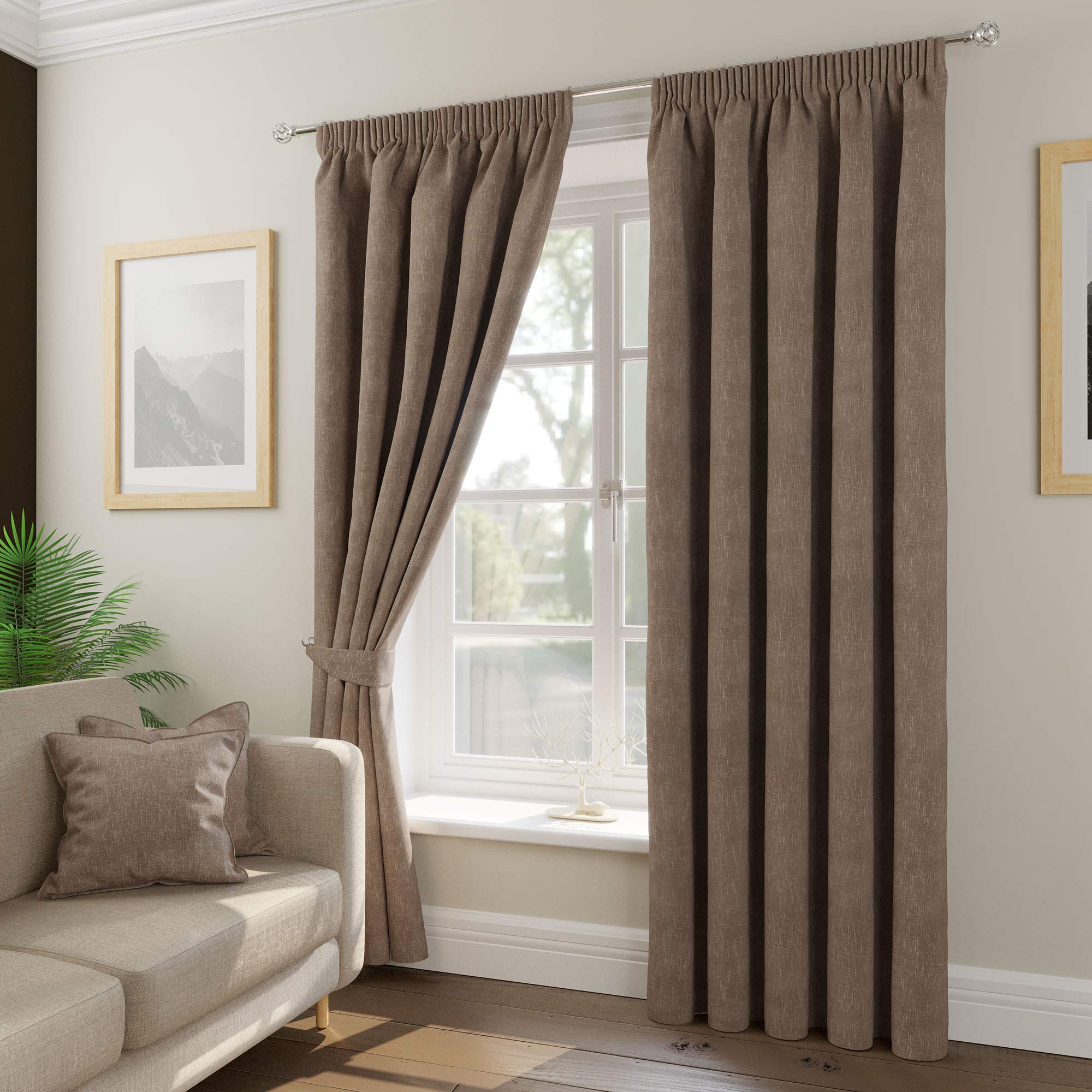 Tatton Latte Weave Effect Lined Curtains With A Standard 3" Header Tape. 8 Sizes. Cushion Covers & Tie Backs Also Available (46" X 54")