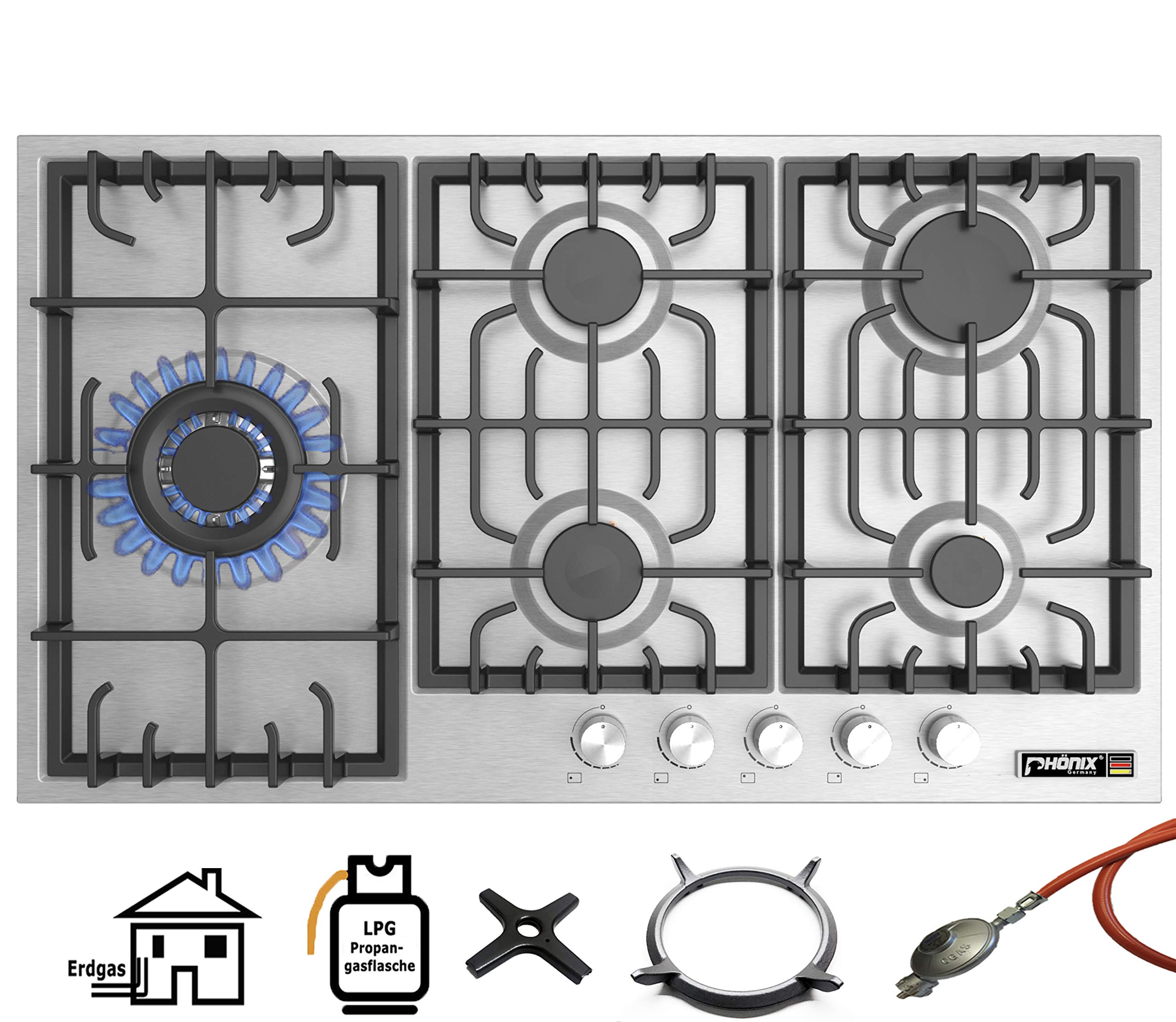 Phönix PS-905L - Cocina de gas empotrable (acero inoxidable, 5 placas de cocción autosuficientes (independiente/empotrable) incluye regulador de manguera de gas para botellas de gas propano