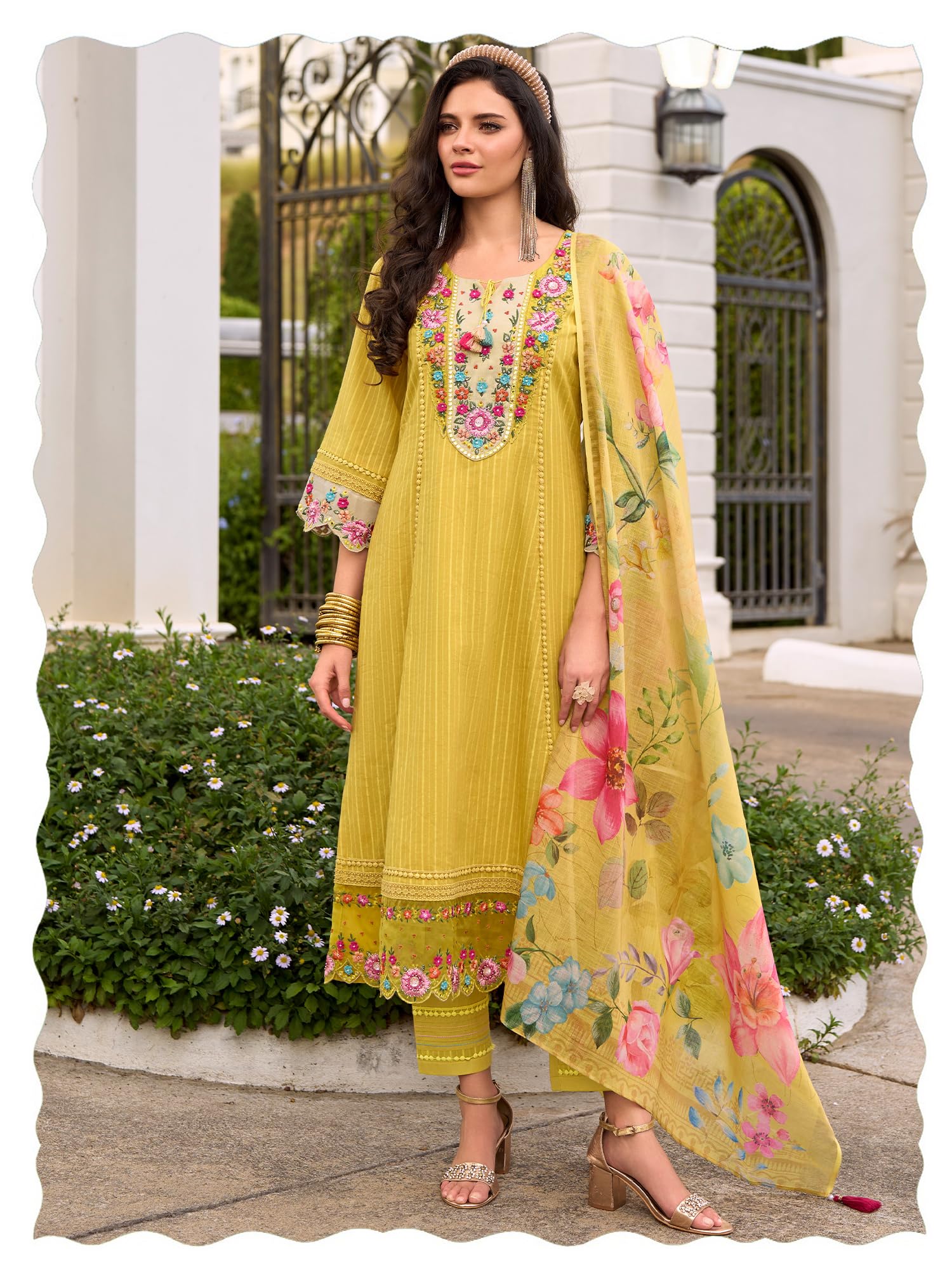 indo era Women's Anarkali Pure Cotton Floral Printed Embroidered Kurta & Pant with Dupatta Set (IEOUT10688)-picture-30