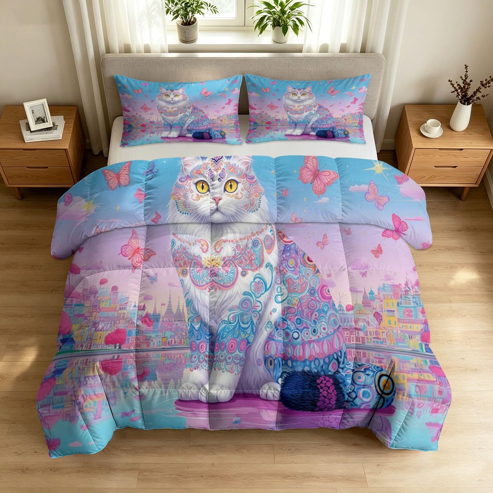 Ropa de cama para alérgicos de diseño infantil azul con gatos y mariposas