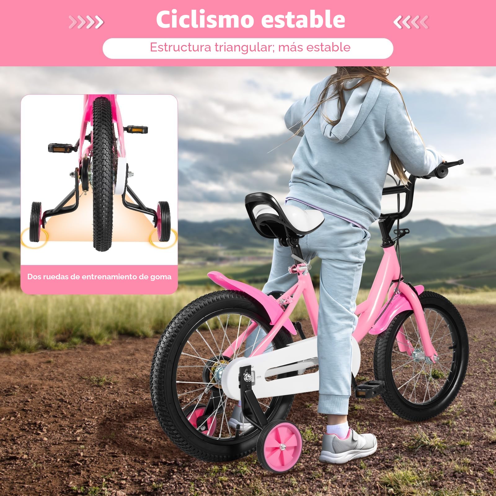 Bicicleta infantil de 16 pulgadas, para niños y niñas, altura ajustable, con ruedas estabilizadoras extraíbles, para niños y niñas a partir de 5 – 8 años