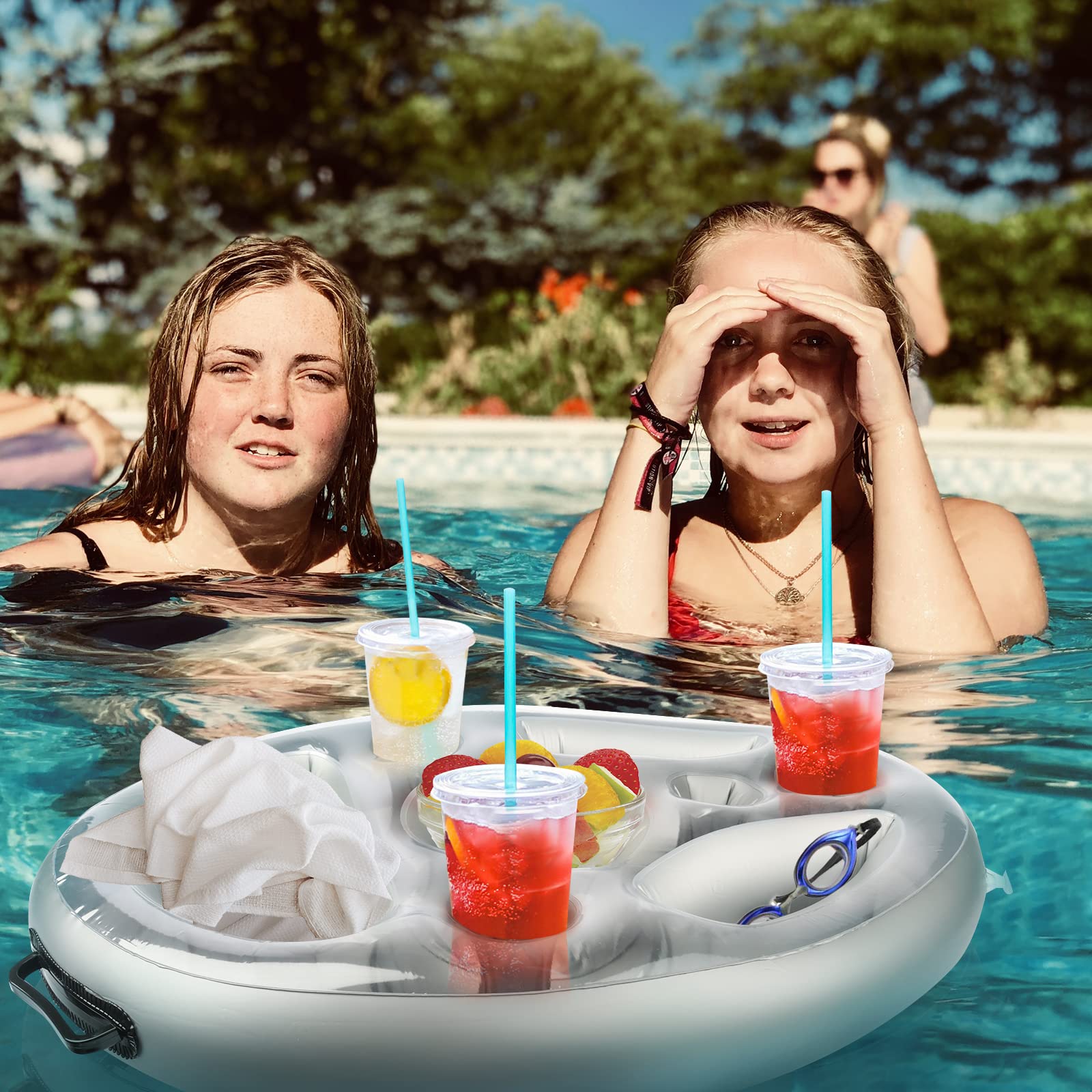Yisscen Portabibite Gonfiabile Galleggiante, Portabevande 2-in-1 e Porta Snack Bar Piscina 8 Fori Sottobicchieri di Grande Capacità, Portabottiglie Gonfiabile Galleggiante Festa in Piscina Estiva