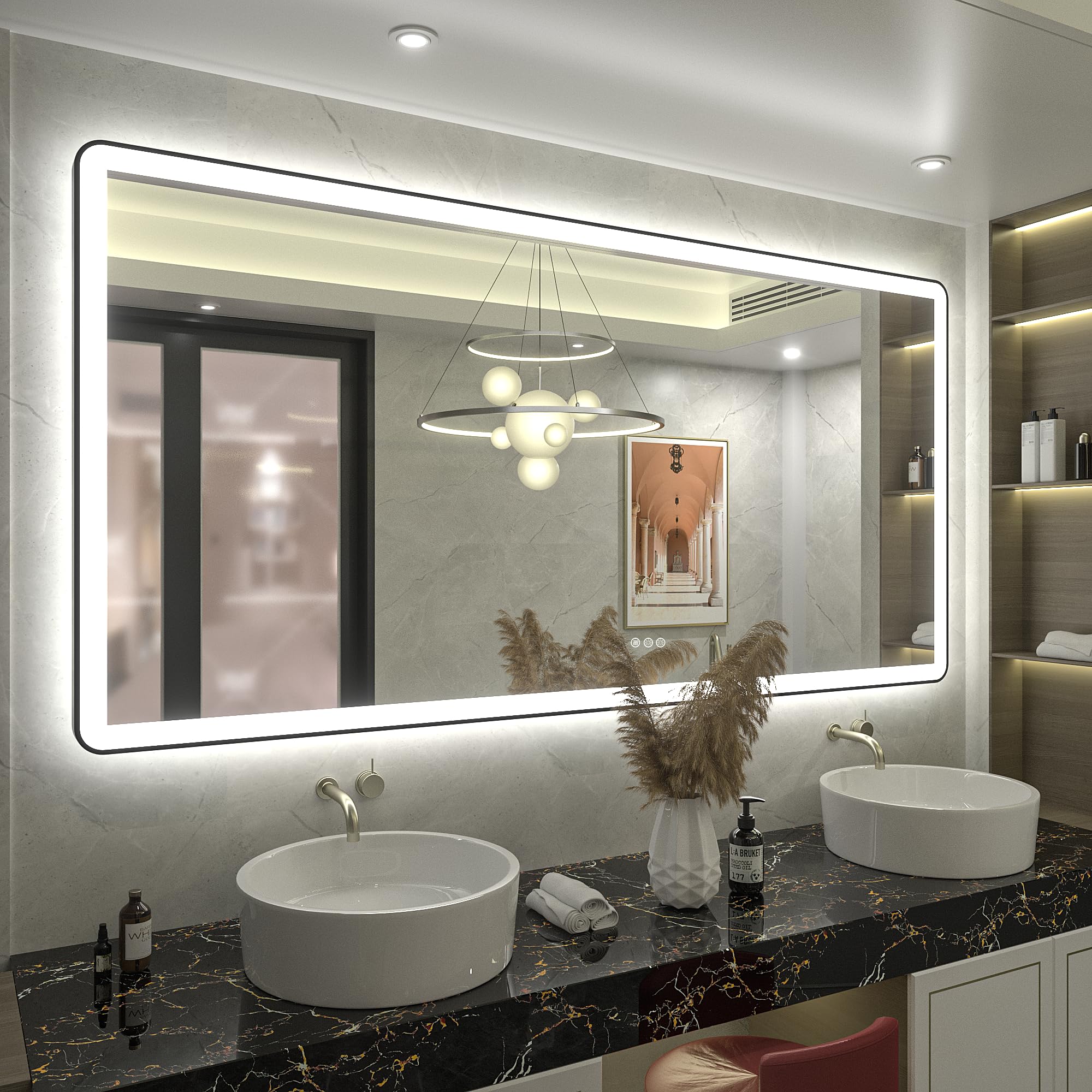 60"x36" LED Bathroom Mirror with Independent Backlit and Front Lights, Large Dimmable Vanity Mirror for Wall, Rounded Corner Black Framed, Dimmable, Anti-Fog, Shatterproof, ETL Listed