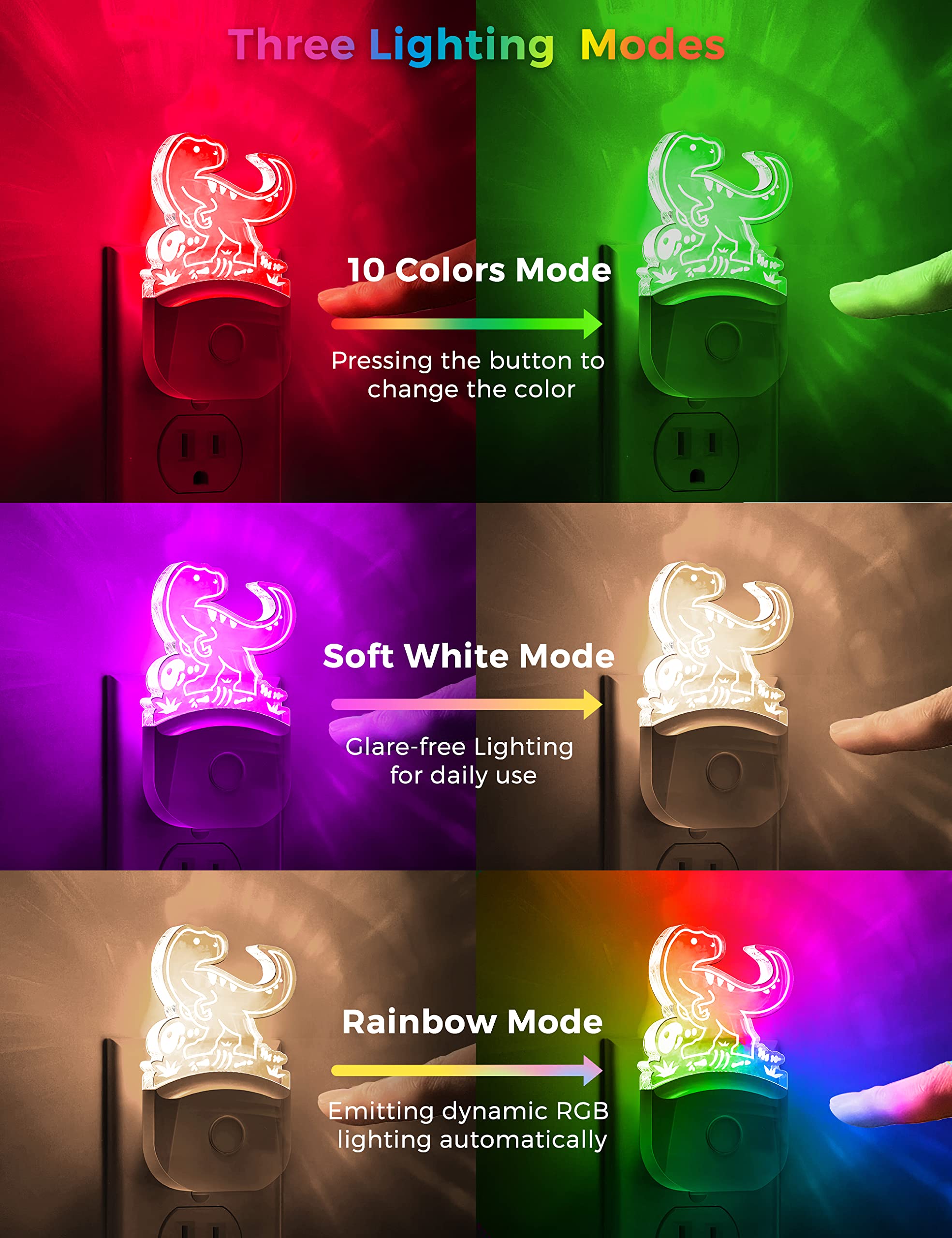 LOHAS - Luz nocturna de dinosaurio para niños, luz nocturna para niños, enchufe del atardecer al amanecer, luces nocturnas LED velociraptor enchufables a la pared, RGB + blanco suave 3000K, 3 modos de 6