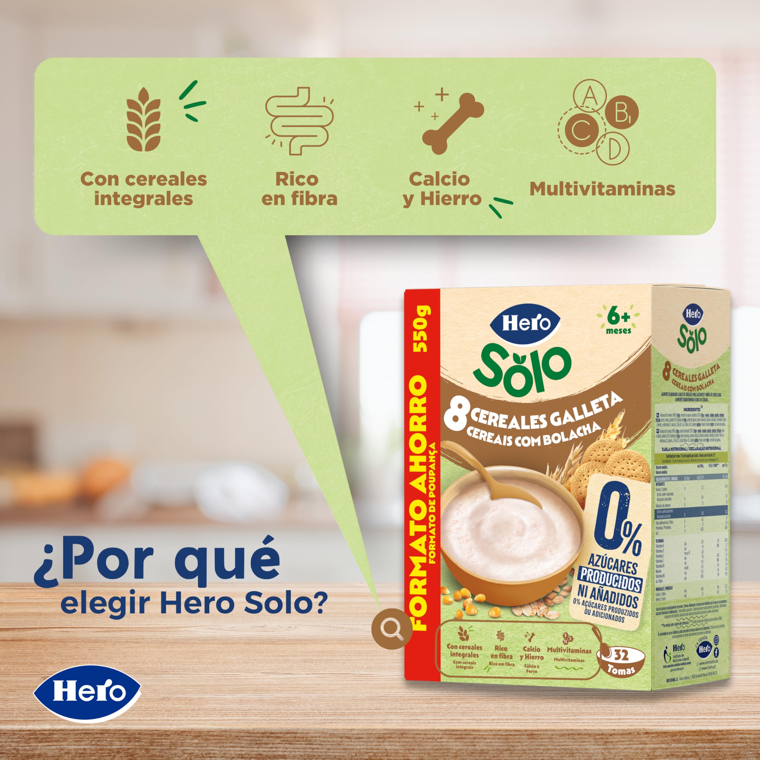 Hero Solo Papilla 8 Cereales con Galleta, Sin Azúcares Añadidos, Rica en Fibra y Vitaminas, Sabor Natural para Bebés, a partir de 6 meses, 6 ud x 550gr