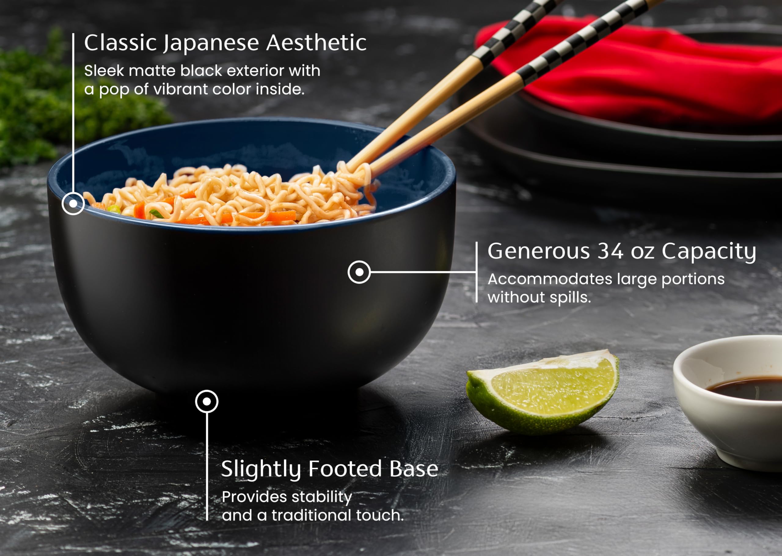 Lot De 4 Grands Bols à Ramen En Céramique YUN TAO - 20.3 Cm De Diamètre, Style Japonais, Micro-ondes Et Lave-vaisselle