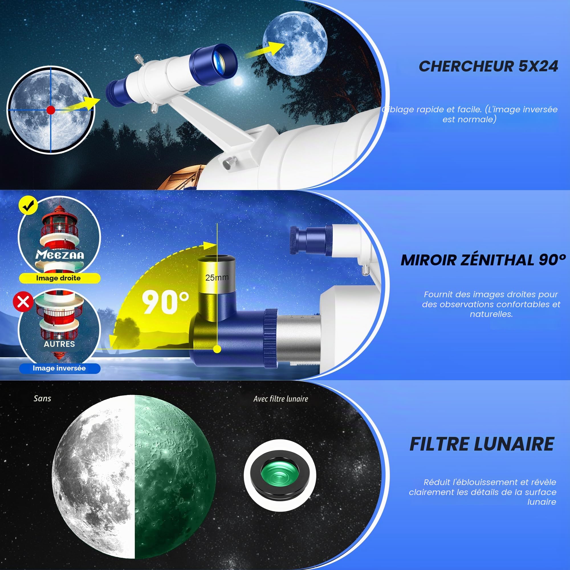 MEEZAA Télescope, Télescope Astronomie Professionnel pour Adultes, 90mm Ouverture 550mm Télescope Réfracteur Astronomique pour Enfants et Débutants, Télescope de Voyage Portable avec Trépied, Filtre