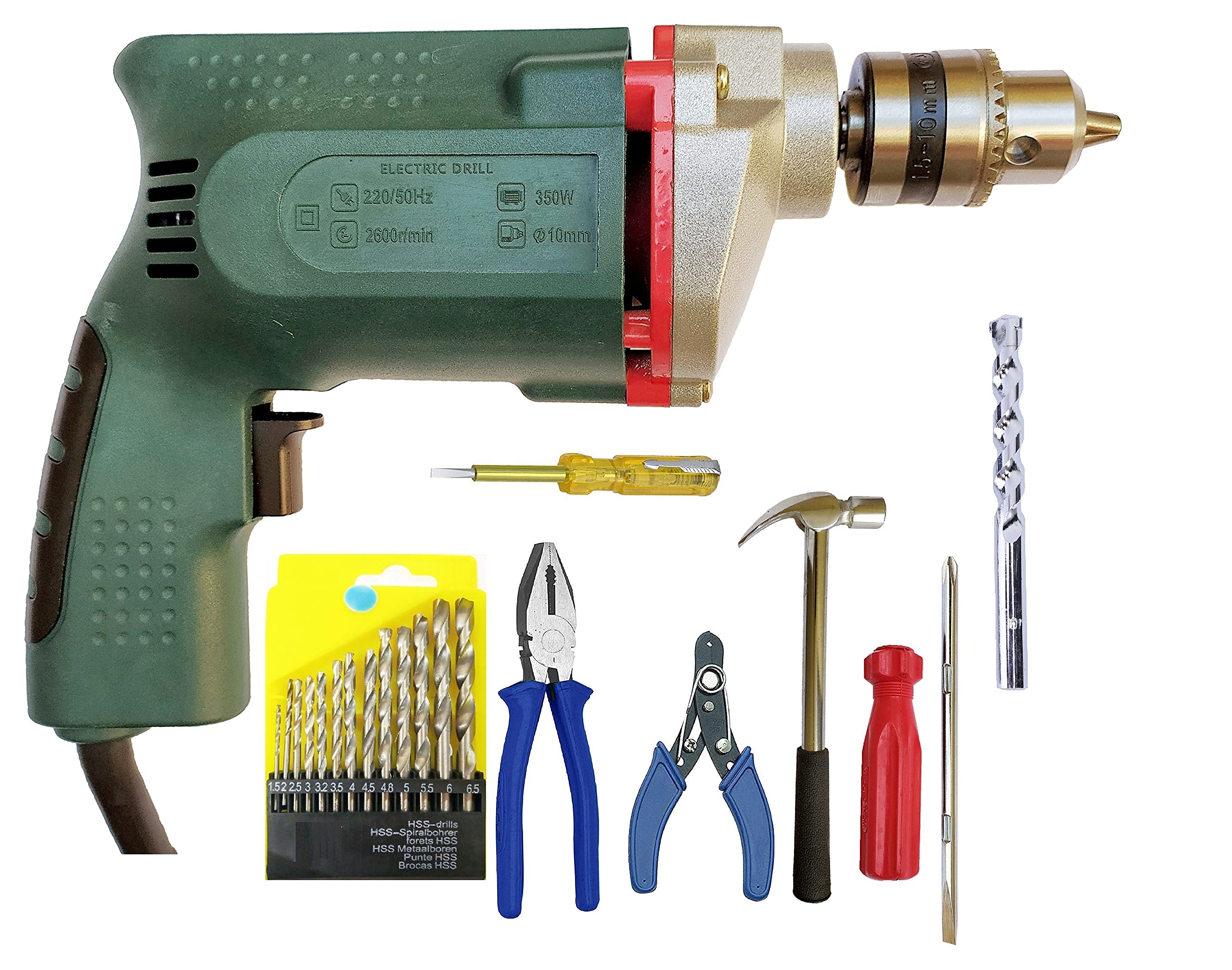Inditrust 3 months warranty Tiger 10mm Electric Drill Machine with 13pc hss Plier Wire Cutter Tester Screwdriver Hammer Masonry bit Set (B08PS7W33W) Amazon Price History, Amazon Price Tracker