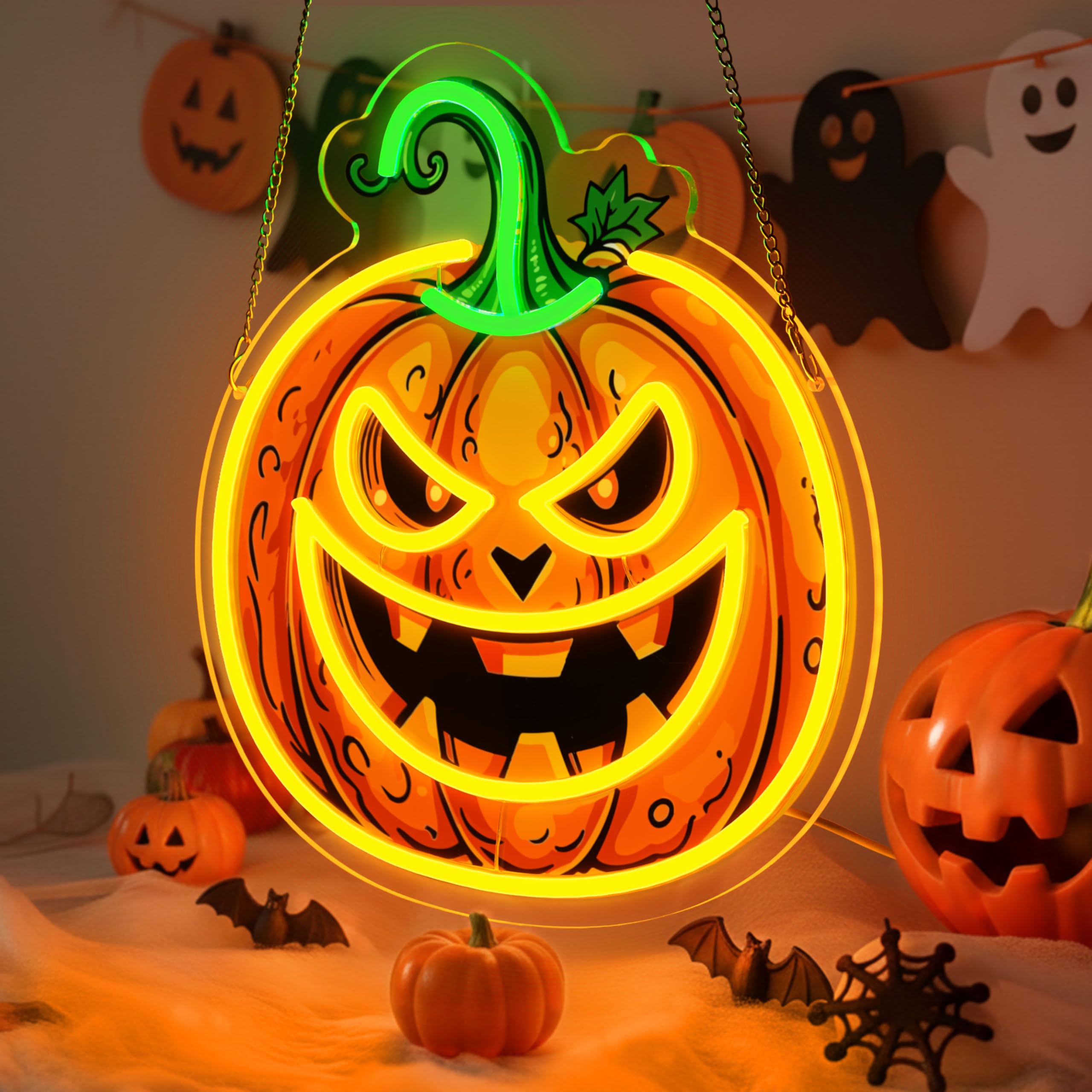 Neonowy znak LED, dynia, do dekoracji ścian, przyciemniana, pomarańczowa, neonowa, dynia, do sypialni, baru, pokoju dziecięcego, na imprezę halloweenową