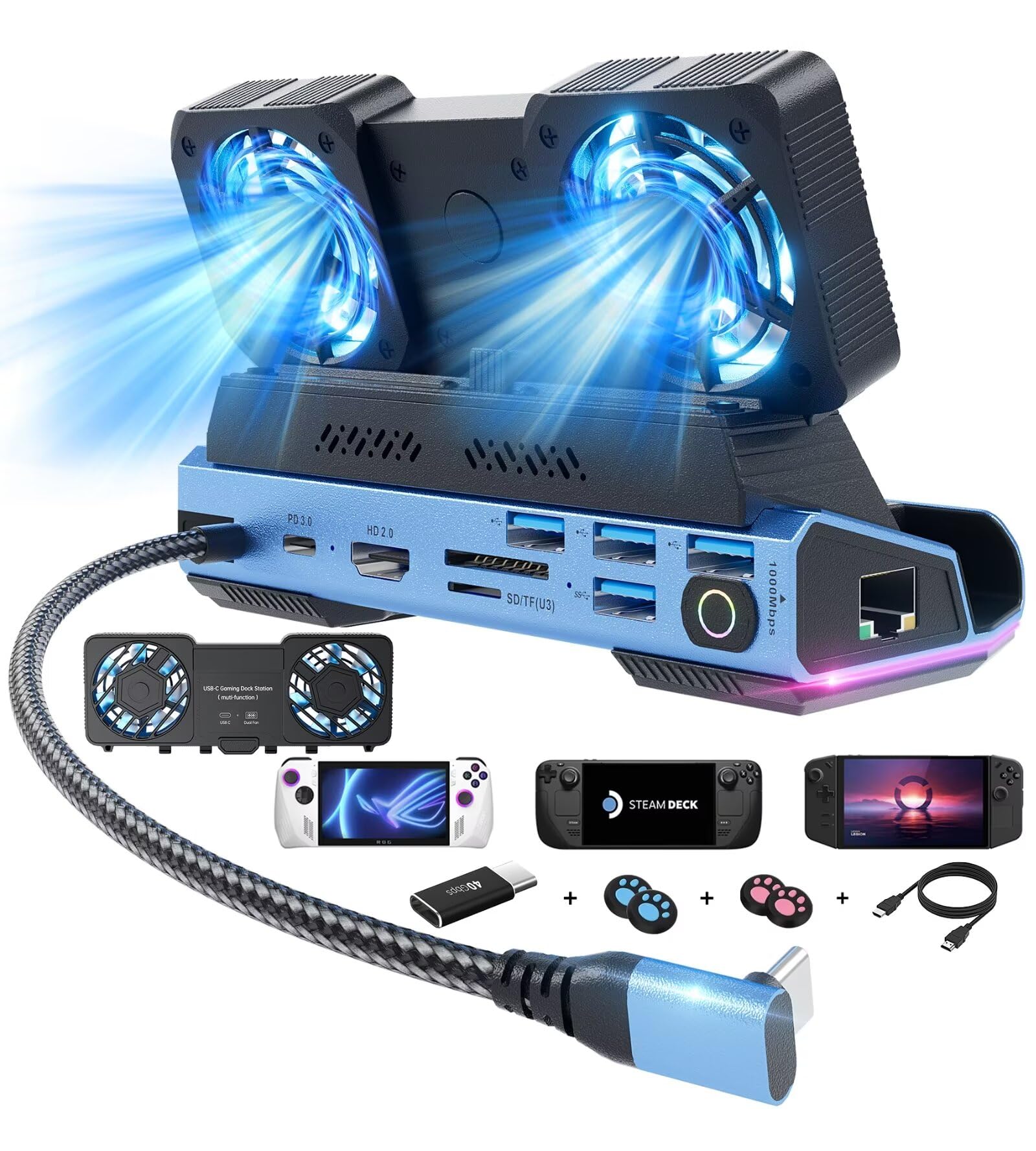 YCE 13 in 1 ventole di raffreddamento smontaggio Steam Deck Docking Station con 4K @ 60Hz, 1000MB Ethernet, SD/TF, 4 USB A, 100 PD ricarica 40Gbps adattatore per Steam Deck/Rog Ally/Switch/Legion Go