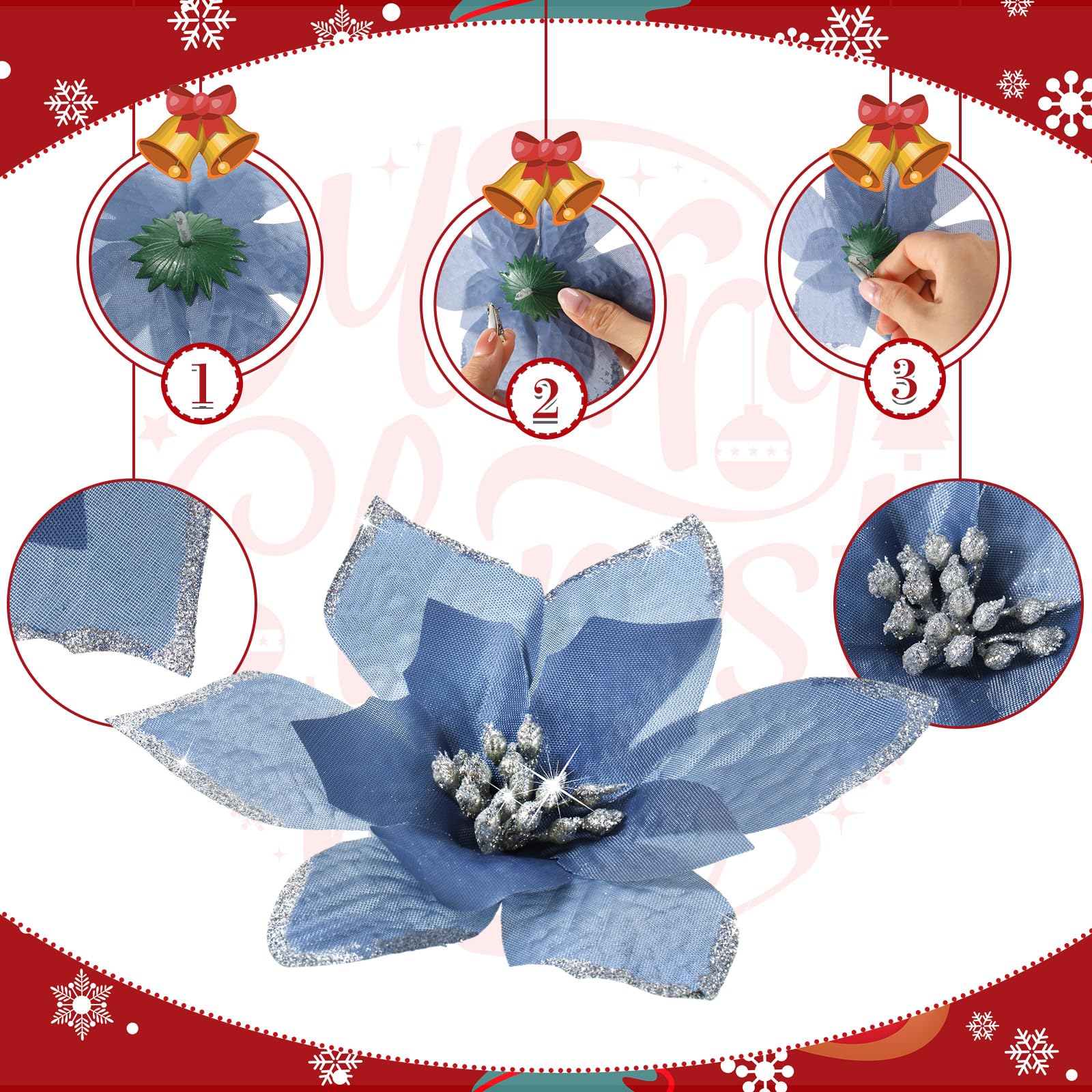 WILLBOND 24 Pieces 3 Size Christmas Glitter Poinsettia Flowers Wedding Faux Flowers Christmas Decoration Ornaments For Christmas tree New Year Home Outdoor Decoration (Gray blue,3.2/4/6 Inches) - Image 3