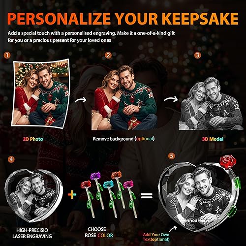 Miniatura 6 de Foto de cristal 3D con rosa roja, regalos personalizados para padre, papá, mamá, mujer, esposa, ella, él, hombres, gran regalo personalizado para el