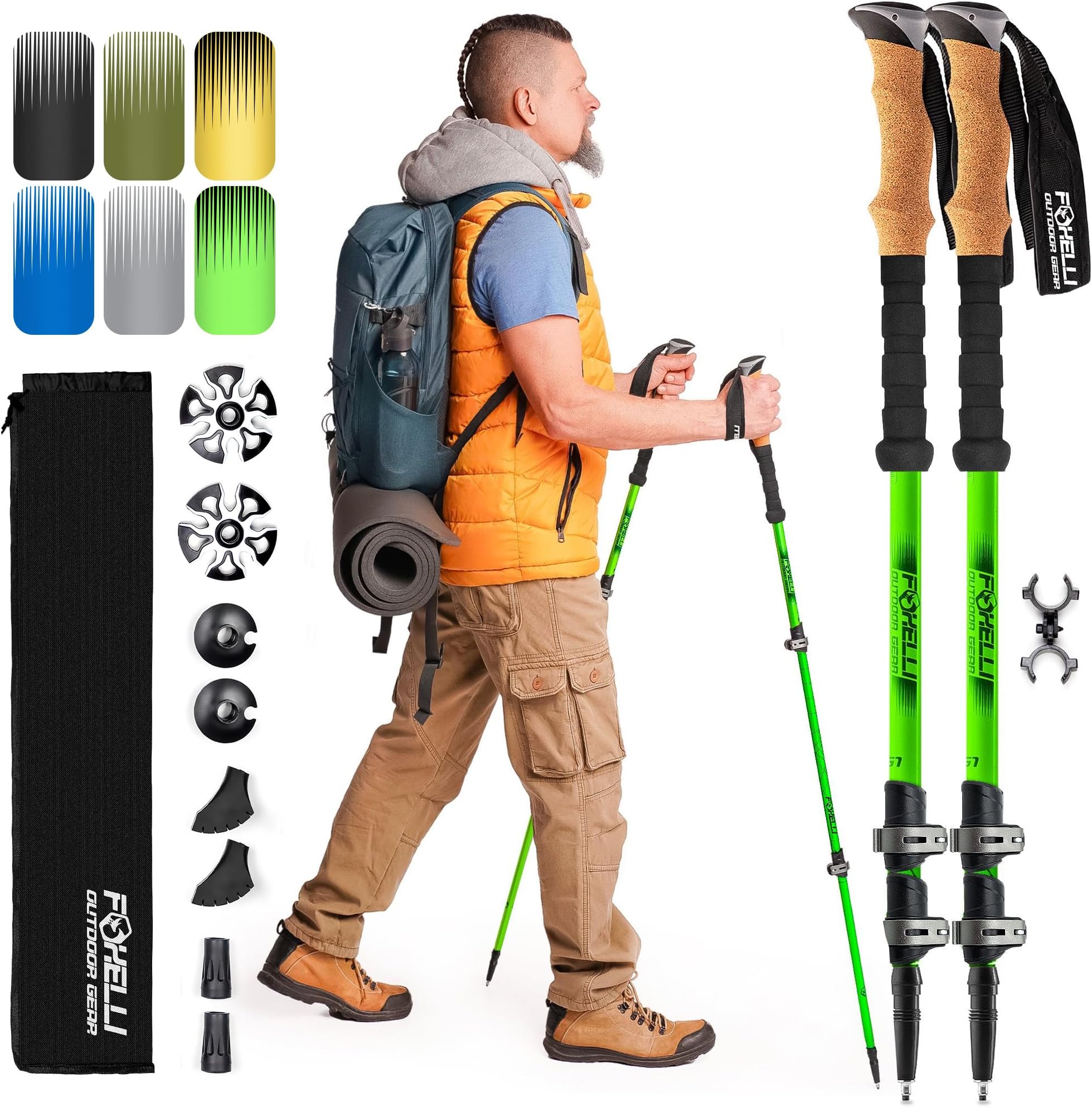 Foxelli Trekking Poles – 2-pc Pack Collapsible Lightweight Hiking Poles, Strong Aircraft Aluminum Adjustable Walking Sticks with Natural Cork Grips and 4 Season All Terrain Accessories