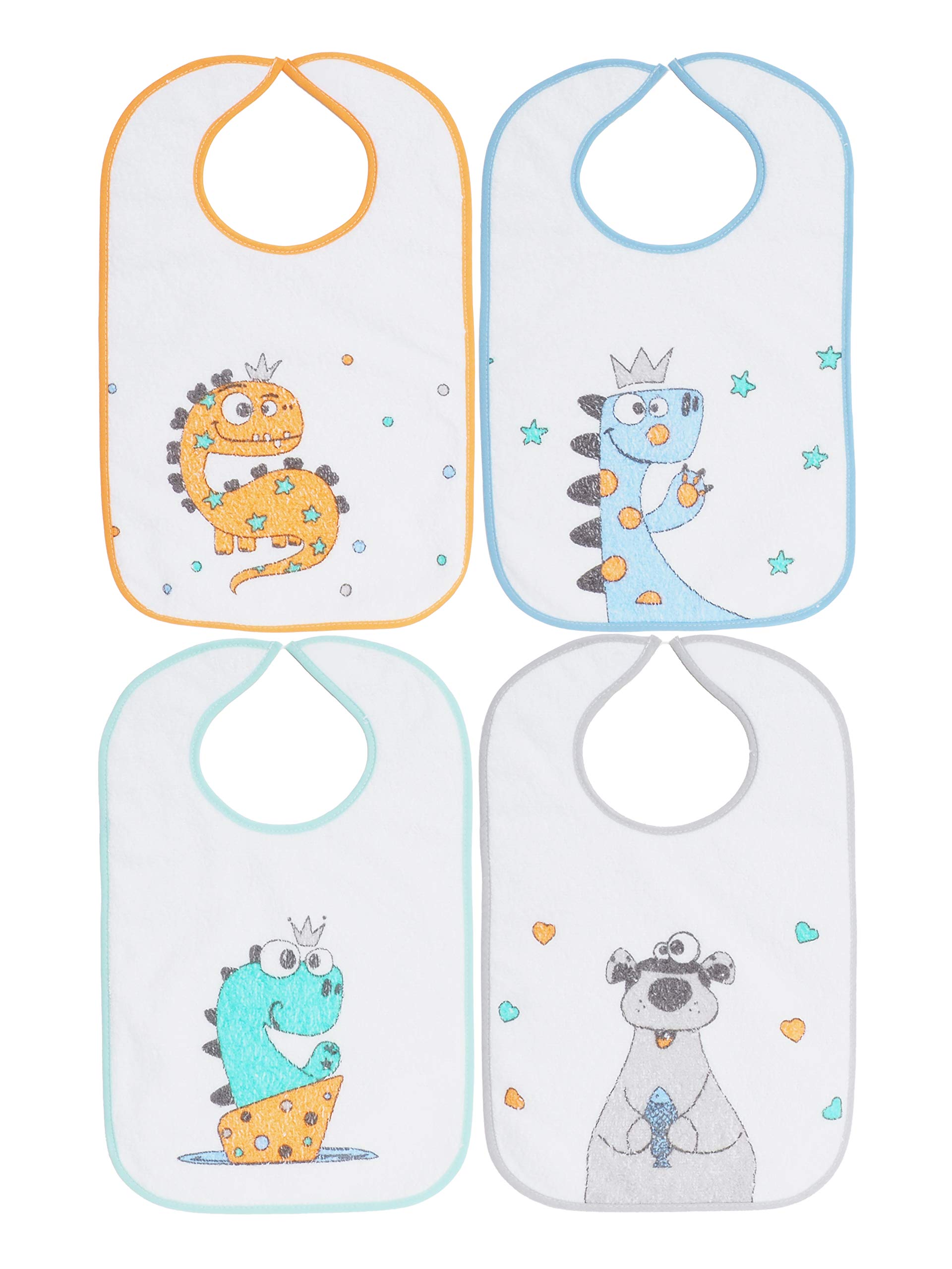 Ti TIN |4er Pack- wasserdichte frottee Babylätzchen | Lätzchen mit Klettverschluss für Babys 6-18 Monate, Baumwolle und Vinylfutter, verschiedene Motive
